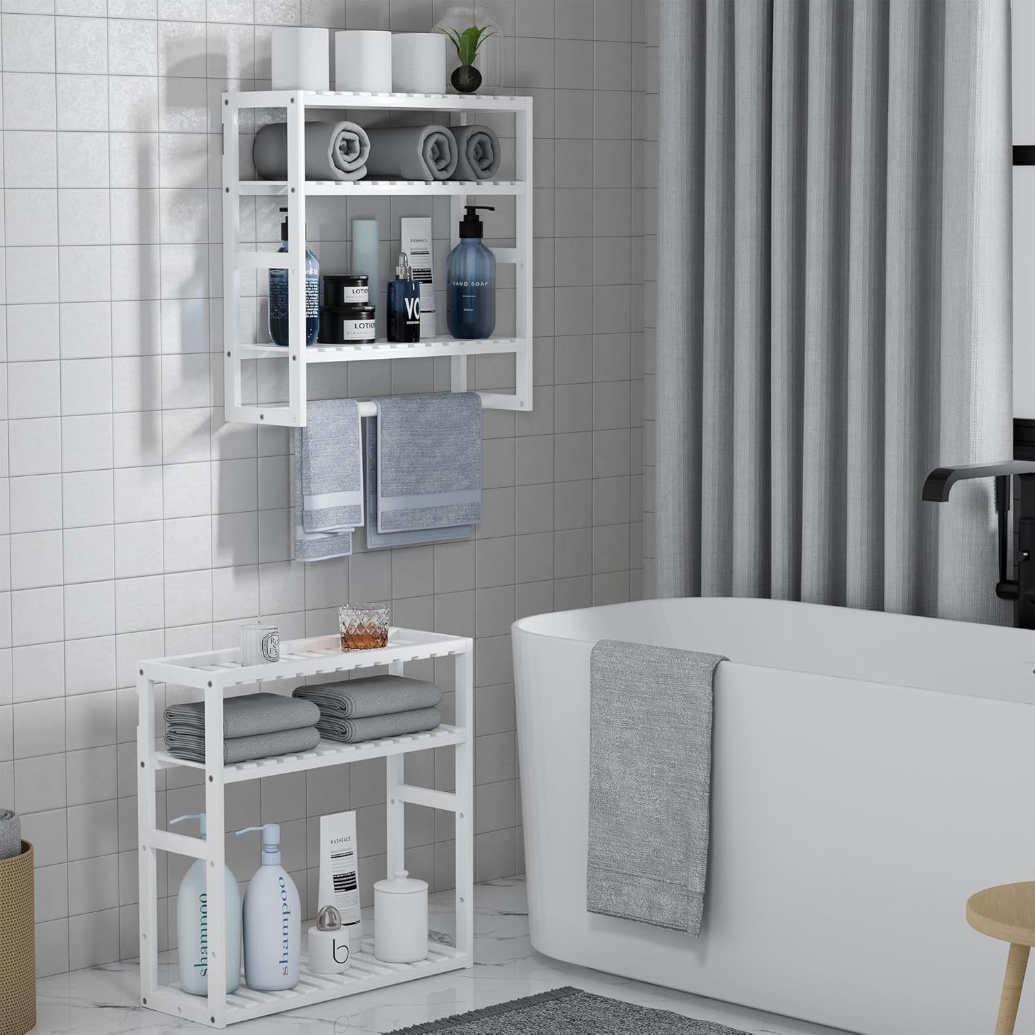 Towel Rack Bathroom Storage Shelves Over The Toilet with Towel Bar 100% Bamboo Adjustable Height Floating Shelf