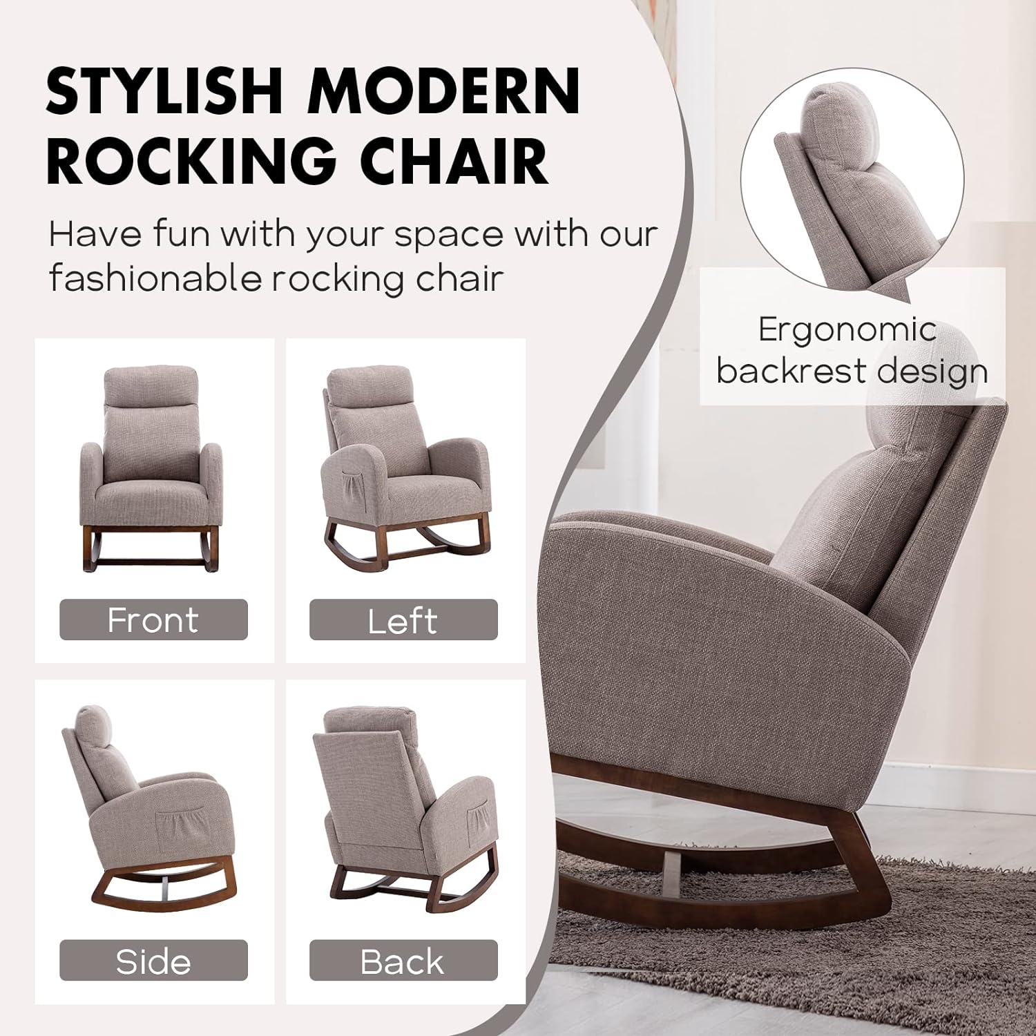 Nursery Rocking Chair, Upholstered Glider Chair for Nursery, Accent Rocker Chair with Tall Back & Side Pockets, Modern Leisure Single Arm Chair for Living Room, Bedroom (Grey)