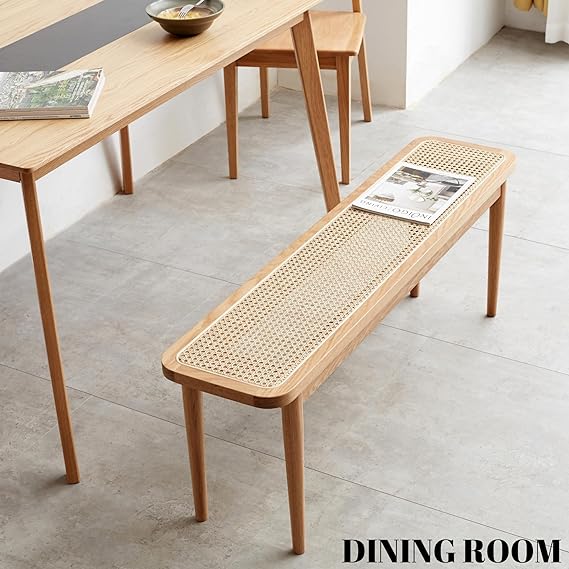 Wood Dining Bench,100% Natural Solid Oak Bed Bench with Rattan Design, Rounded Edge, Bench for Entryway Hall, Dining Room,Bedroom, Living Room (Natural Color, 39.37 inch)