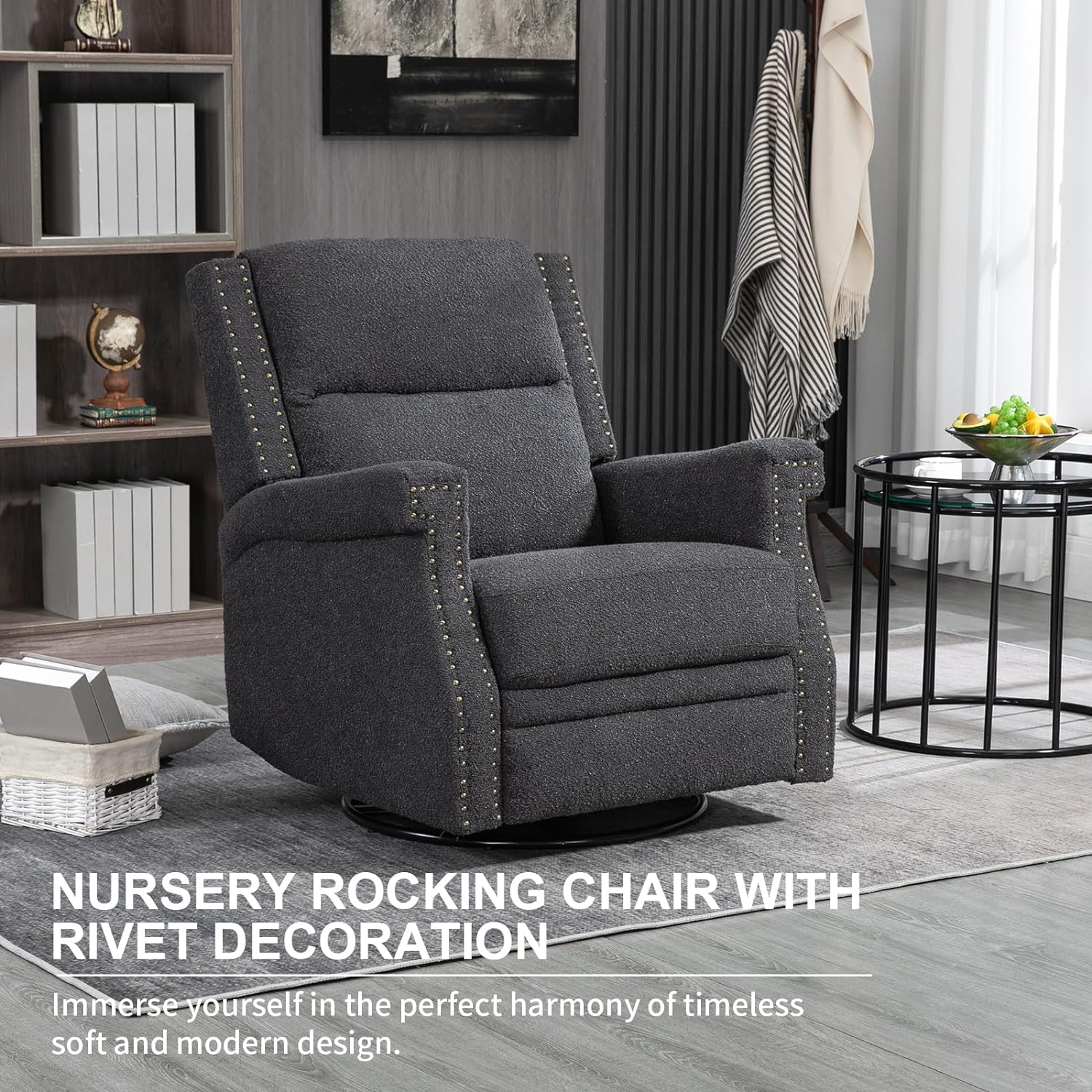Nursery Rocking Chair, Upholstered Recliner Chair with Rivet Decoration, 360 Degree Swivel Chair with Adjustable Footrest, Glider Chair for Living Room, Bedroom (Black)