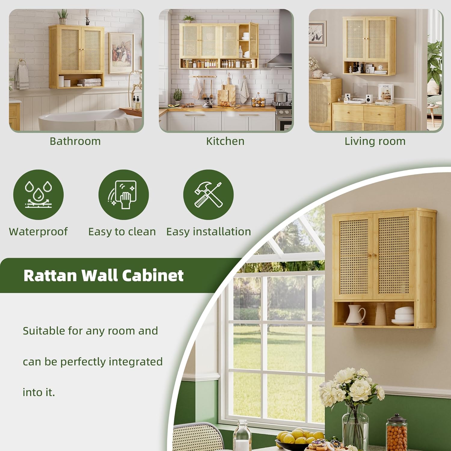 Bathroom Wall Cabinet, Bamboo Over-The-Toilet Storage Organizer with 2 Rattan Doors and Adjustable Shelf