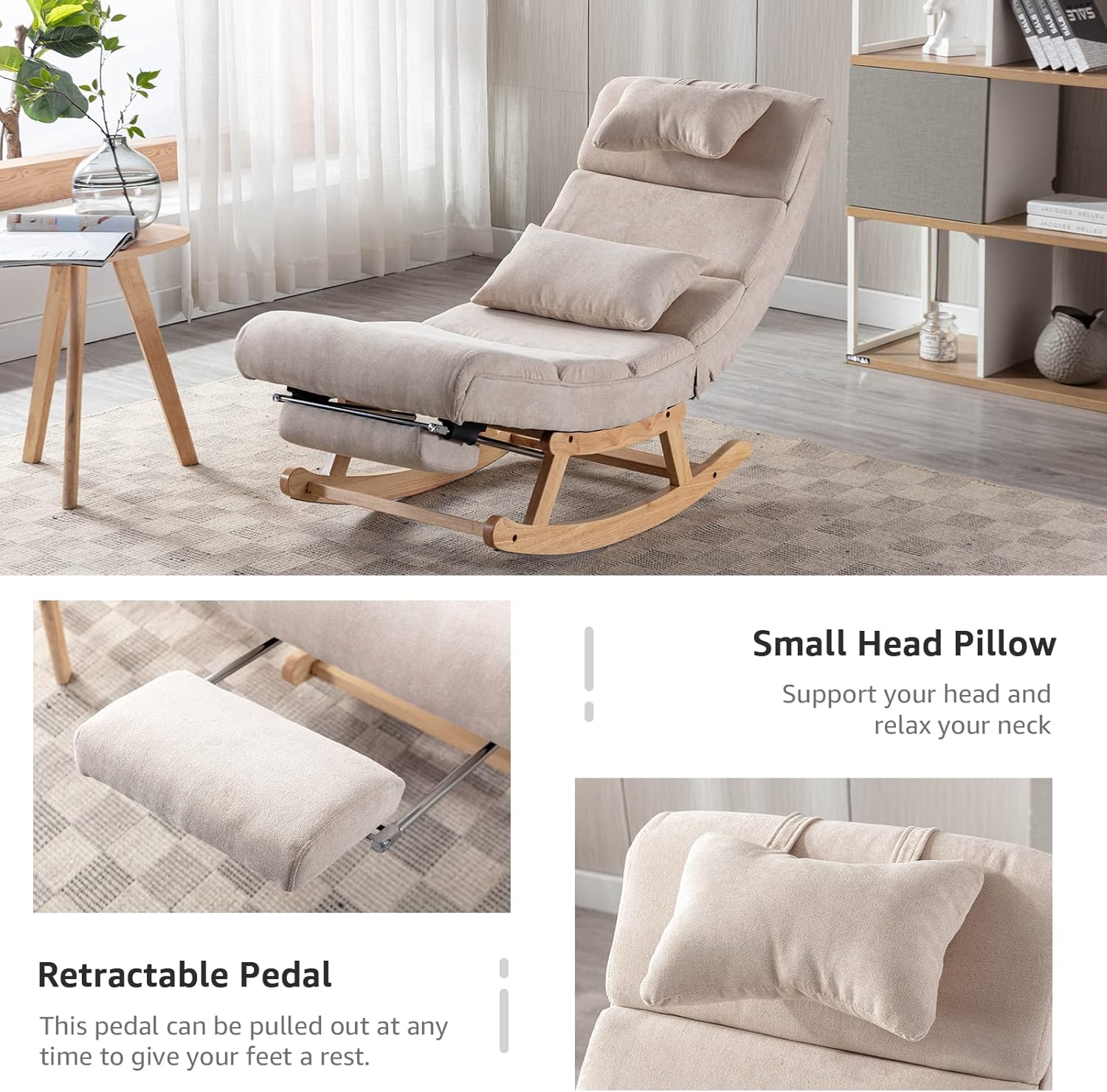 Modern Rocking Lounge Chair, Upholstered Glider Chair for Nursery, Accent Rocker Chair with Large Back & Pull Out Pedal, Lie or Sleep Lazy Chair for Living Room, Bedroom (Beige)