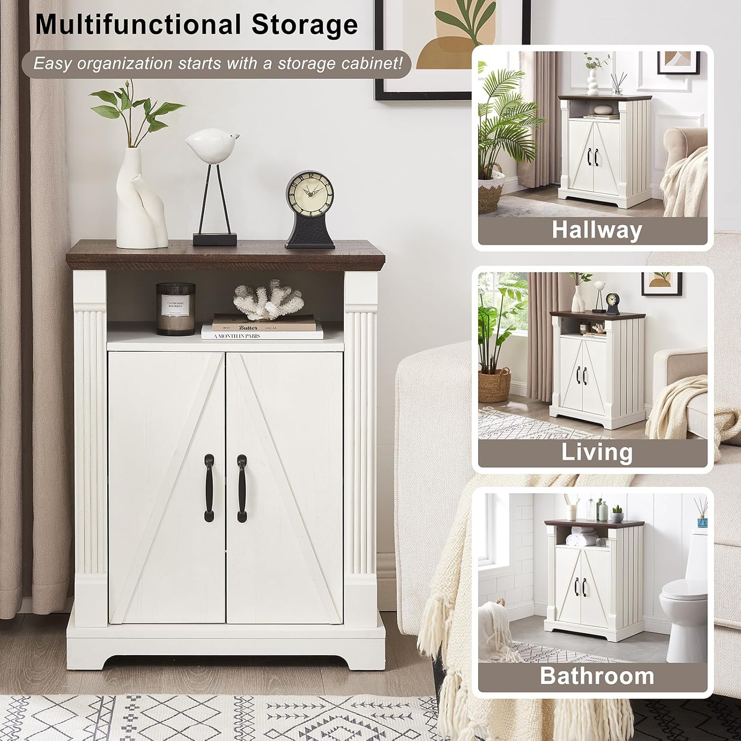 Farmhouse Bathroom Storage Cabinet, Wooden Storage Organizer, Bathroom Floor Cabinet with 2 Doors & Adjustable Shelf
