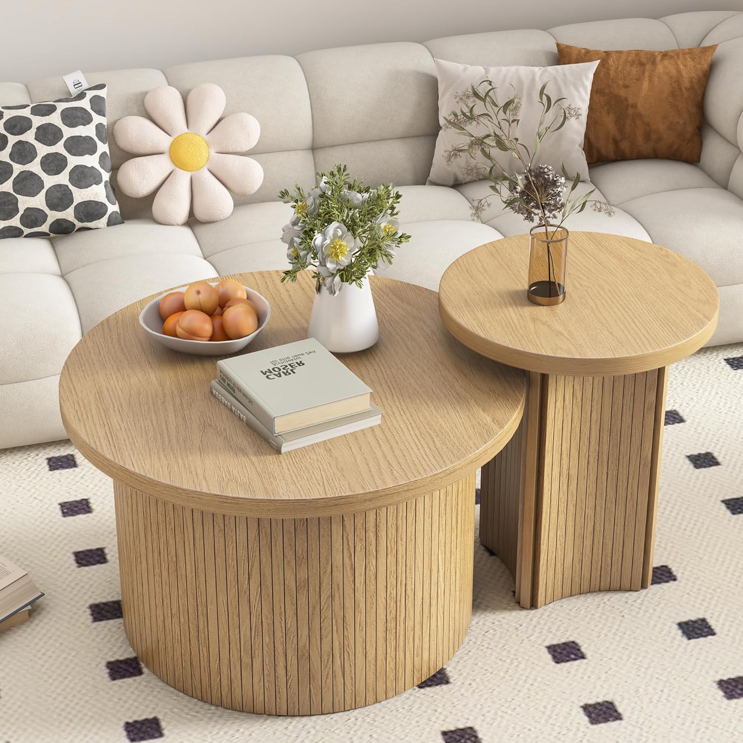 Set of 2 Nesting Coffee Tables Farmhouse,Round Coffee Tables Living Room,Wood Finish Coffee Table Set