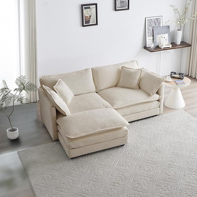 2 Seater Sofa, 76.7" W Chenille Modern 2 Seater L-Shaped Sectional Sofa Couch with Moveable Ottoman