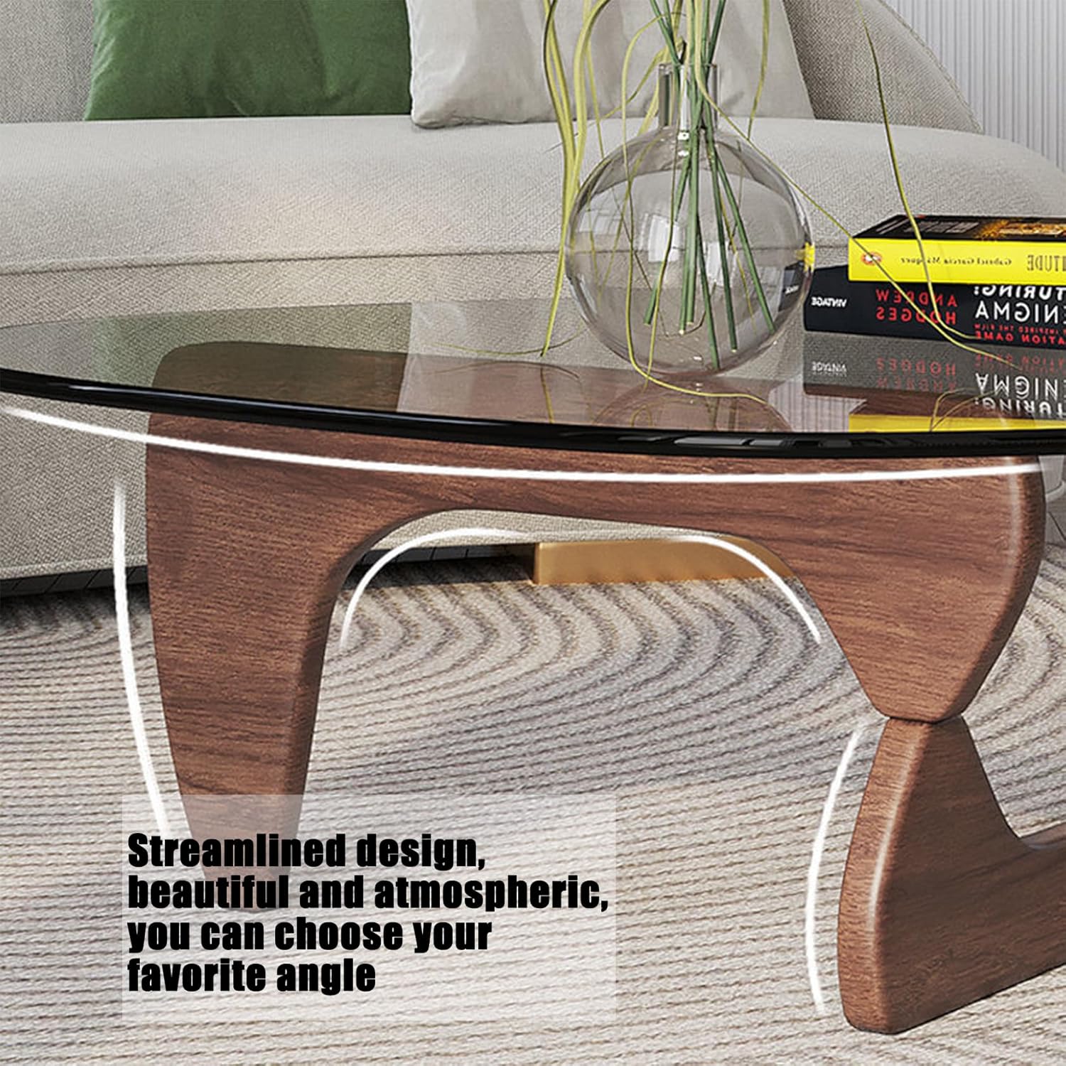 Triangle Coffee Table in Walnut Mid Century Modern Solid Wood Base and Triangle Clear Glass Coffee Table