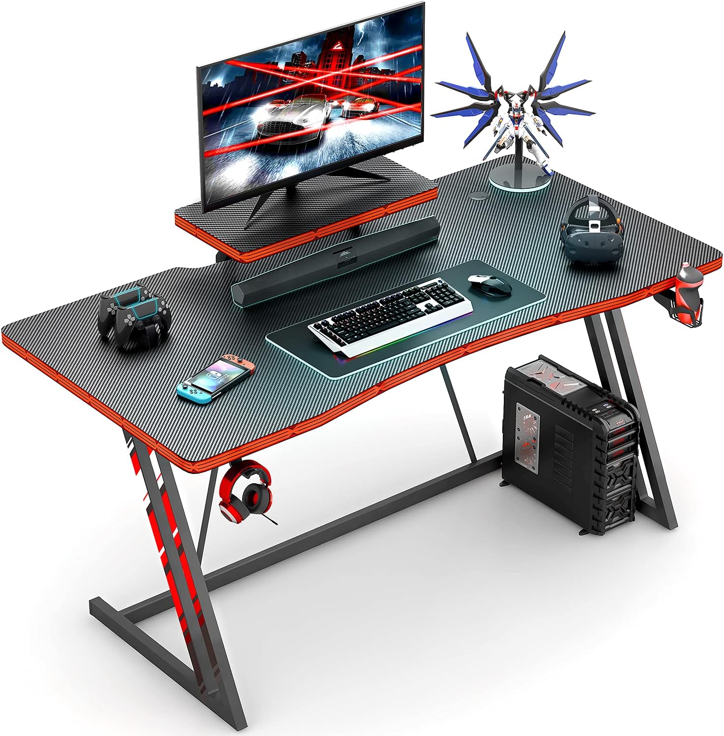 47 inch Gaming Desk PC Computer Table Racing Style Home Office Desk Z Shaped Carbon Fiber Desktop Gamer Workstation with Monitor Stand Cup Holder and Headphone Hook