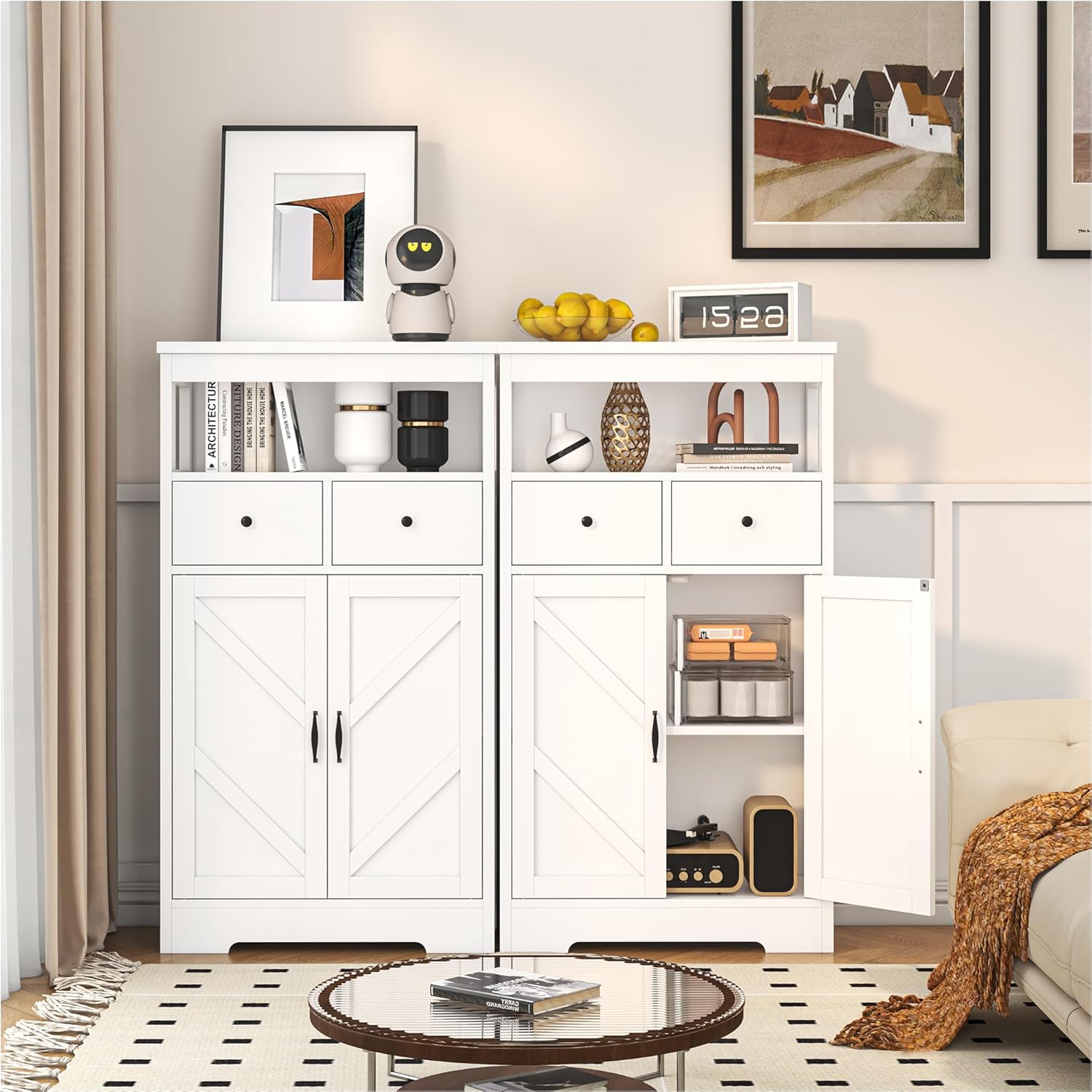 Farmhouse Storage Cabinet, Bathroom Storage Cabinet with 2 Drawers & Adjustable Shelves