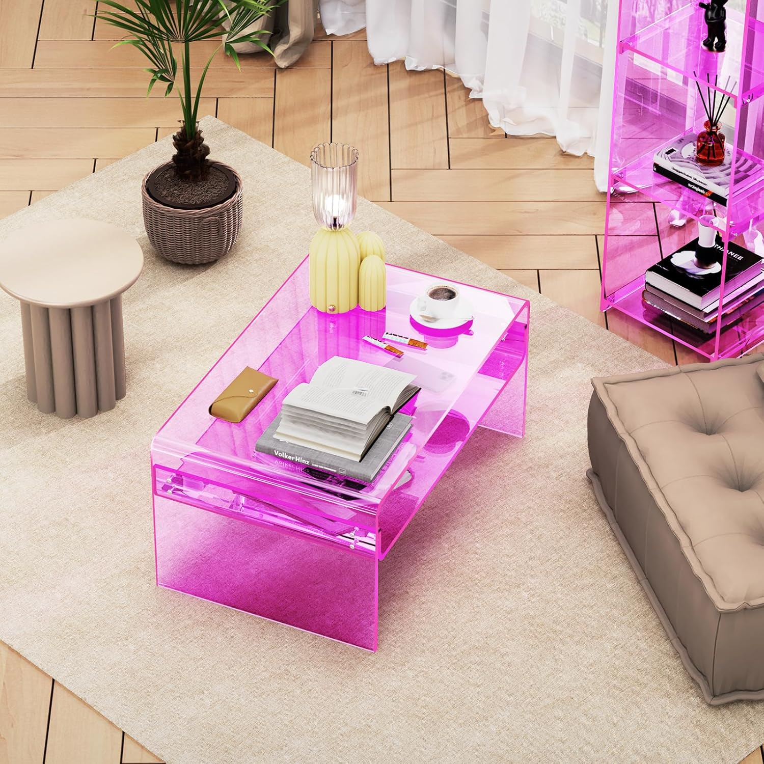 Acrylic Coffee Table for Living Room Clear Rectangle Lucite Table with Open Storage Shelf (1, Pink, Large)