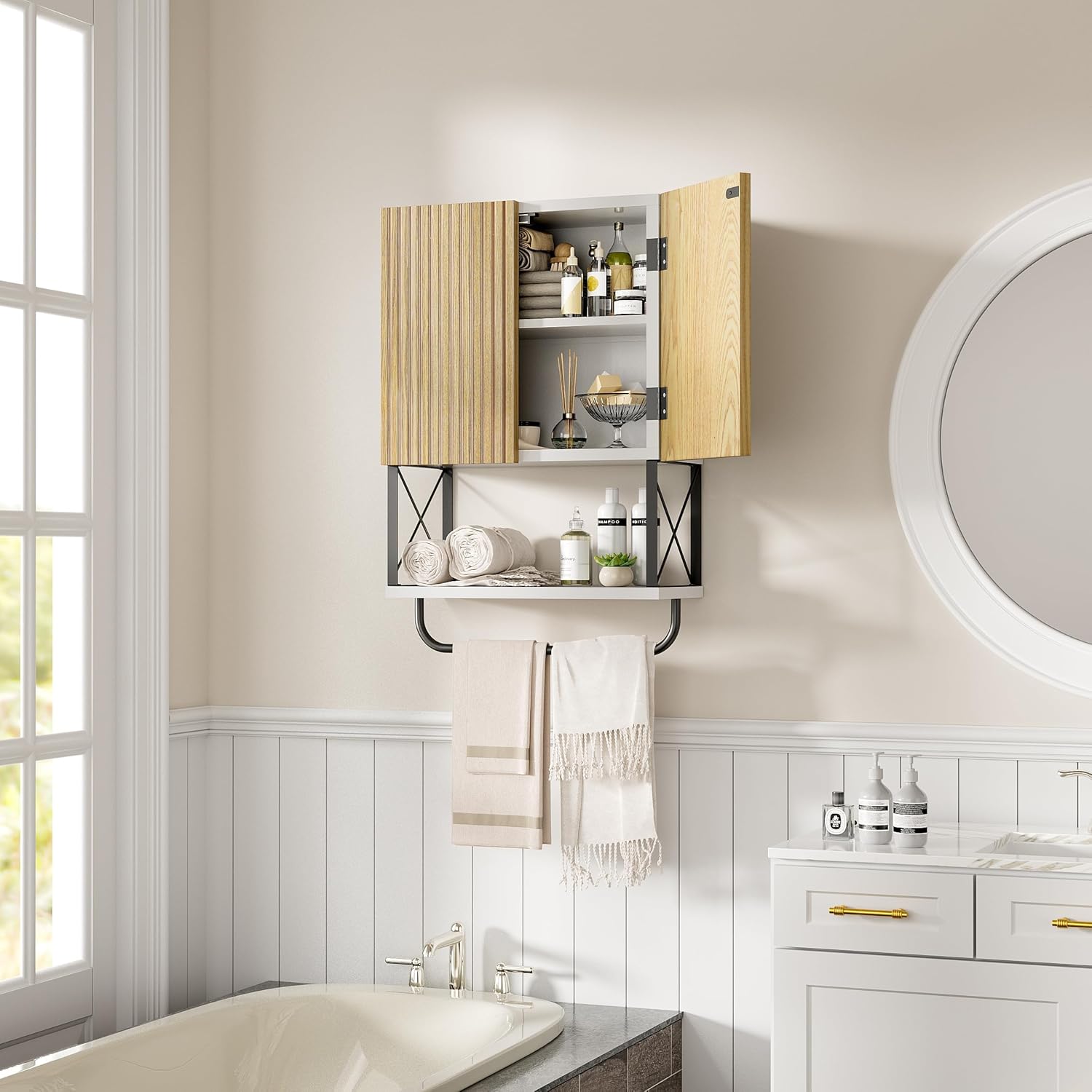 Fluted Bathroom Wall Medicine Cabinet - Hanging Bathroom Wall Mounted Cabinet with Towel Bar