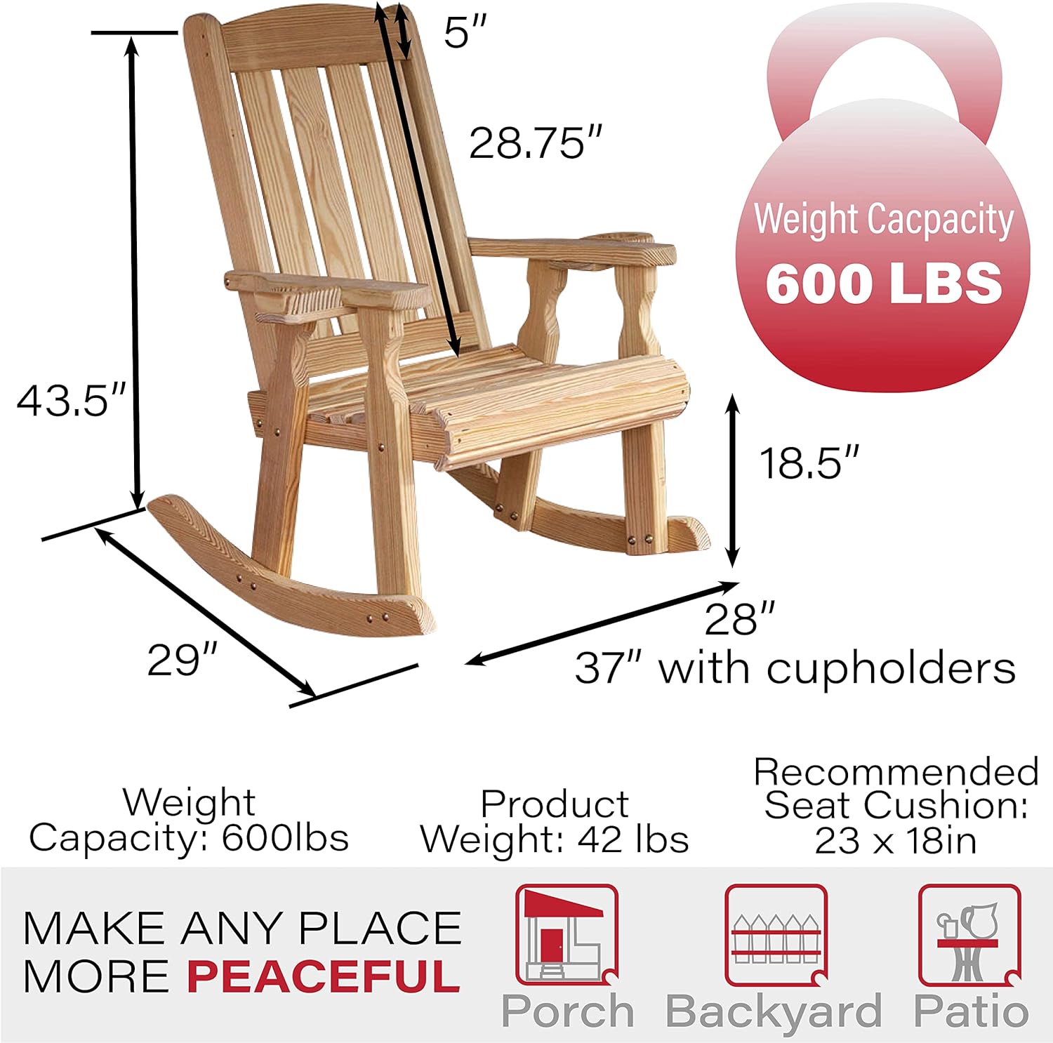 Heavy Duty 600 Lb Mission Pressure Treated Rocking Chair with Cupholders (Unfinished)