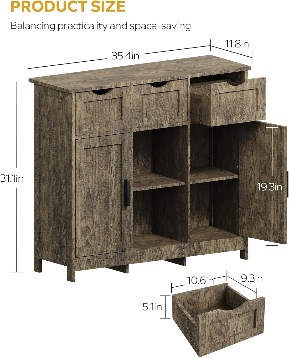 Wooden Floor Cabinet, with Drawers and Shelves Storage Cabinets, Accent Cabinet