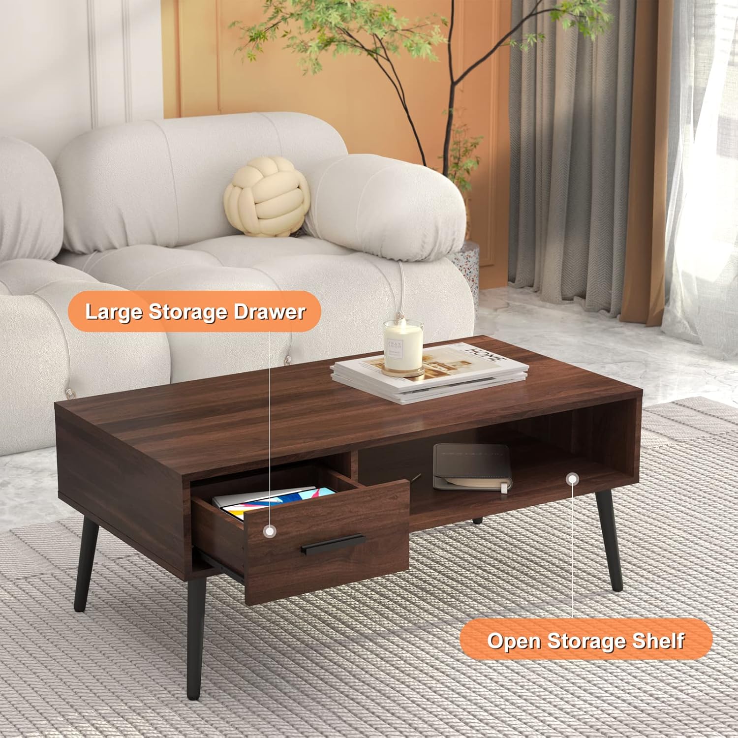 Coffee Table, Mid Century Modern Center Table for Living Room with Storage