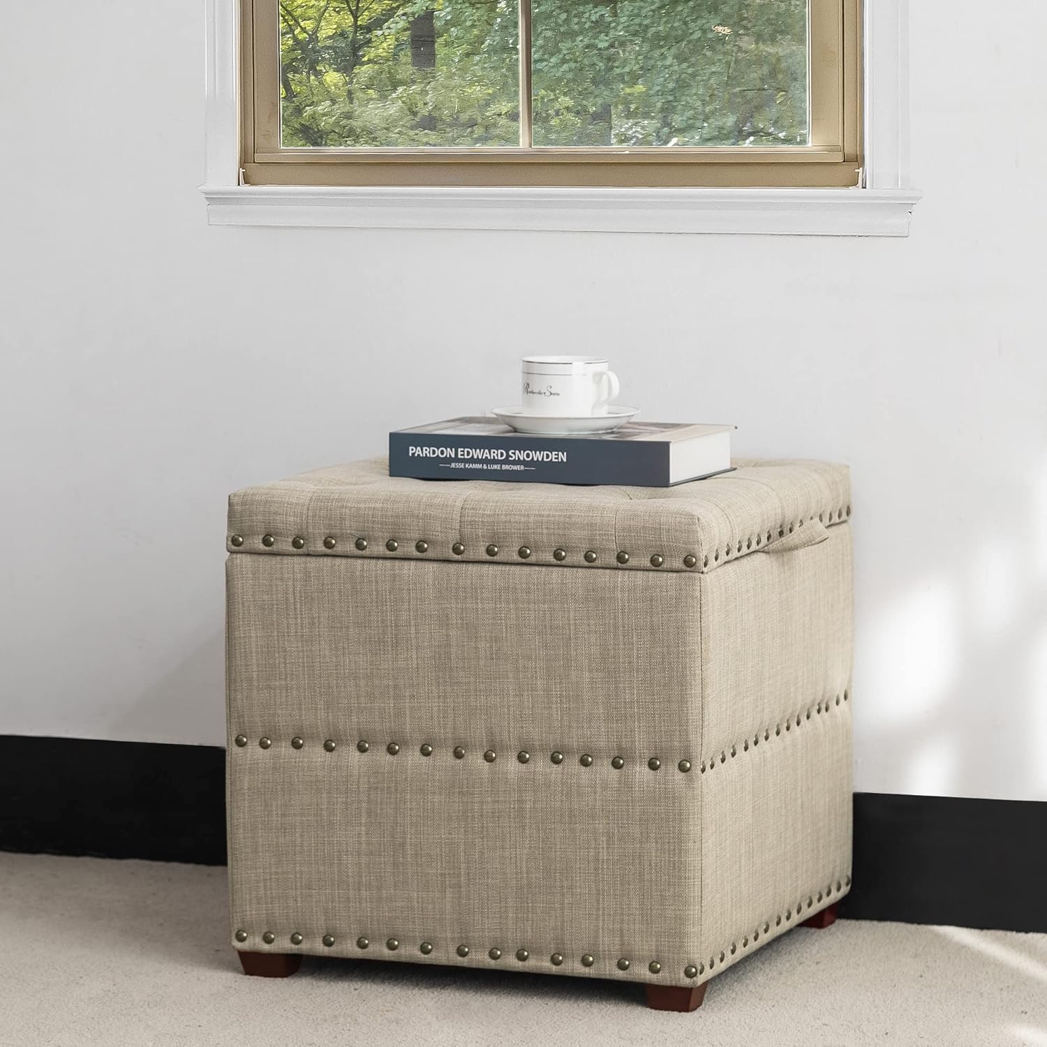 18 Inch High Cube Ottoman Storage, Linen Beige Chair Foot Stools with Tray