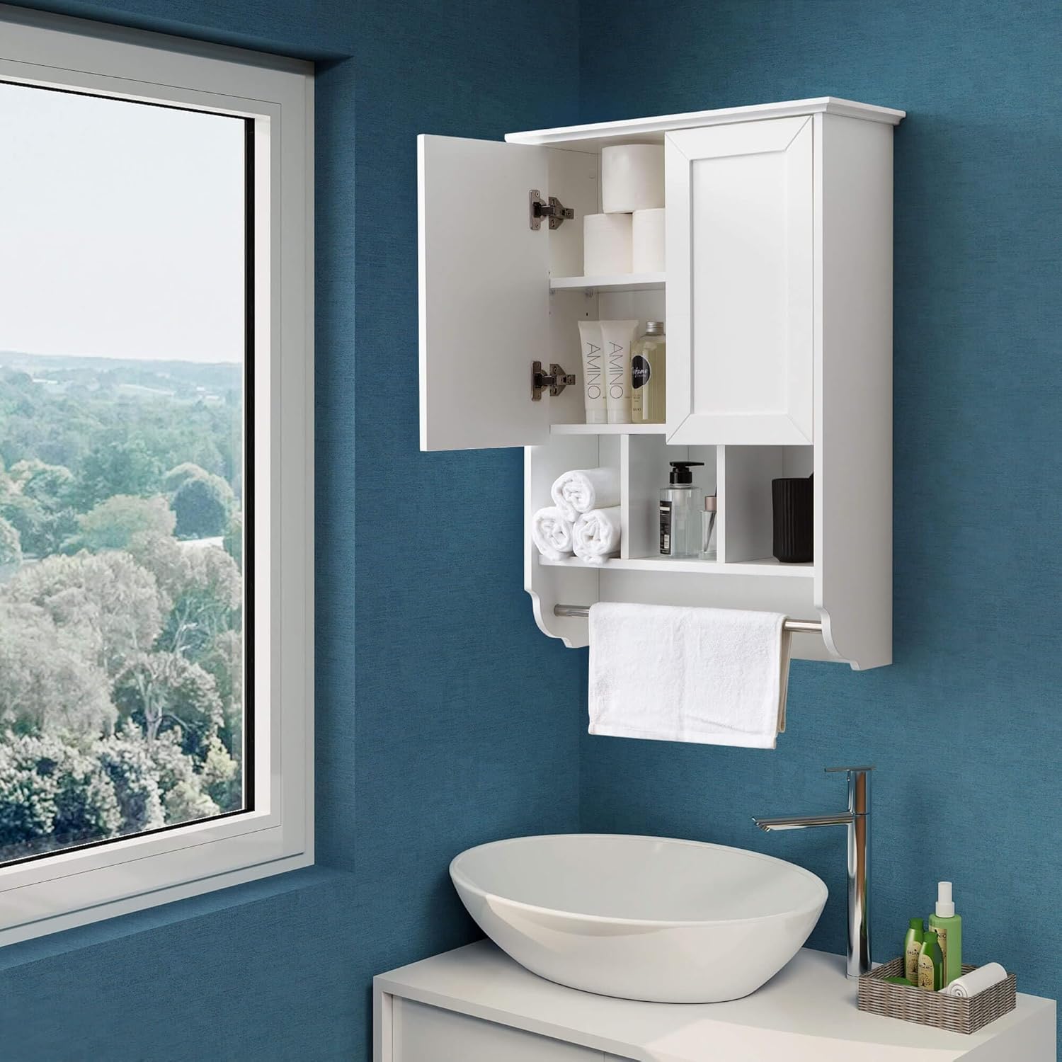 White Bathroom Wall Cabinet with Towel Bar,Wooden Medicine Cabinet Adjustable Shelves