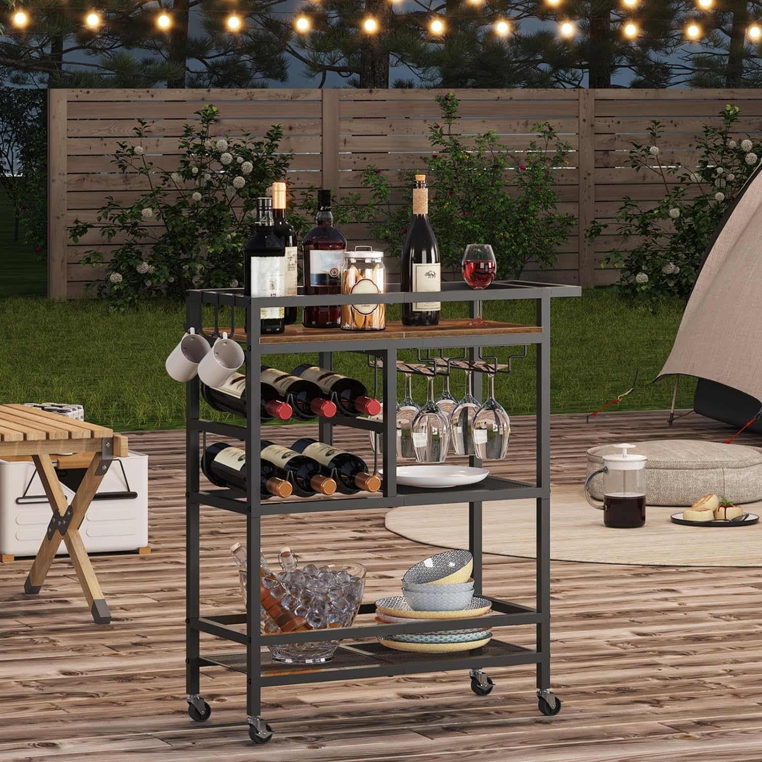 3-Tier Serving Cart with Wheels and Handle, Beverage Cart with Wine Rack and Glass Holders