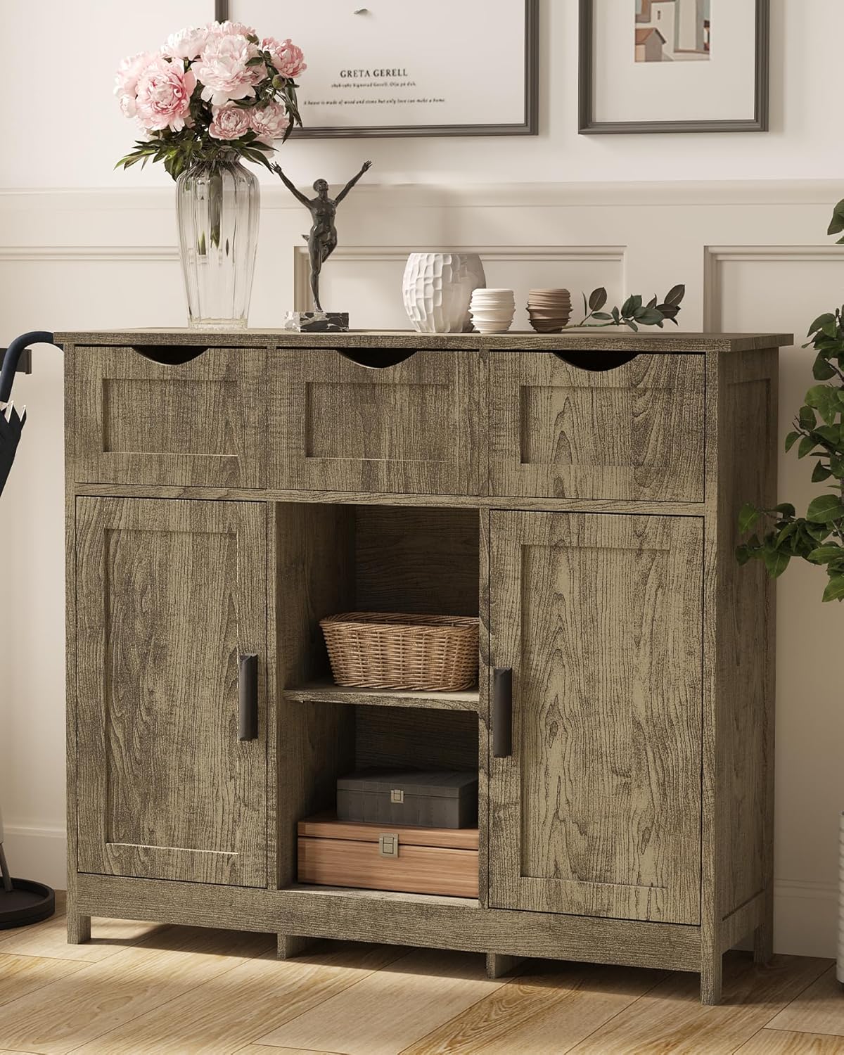 Wooden Floor Cabinet, with Drawers and Shelves Storage Cabinets, Accent Cabinet
