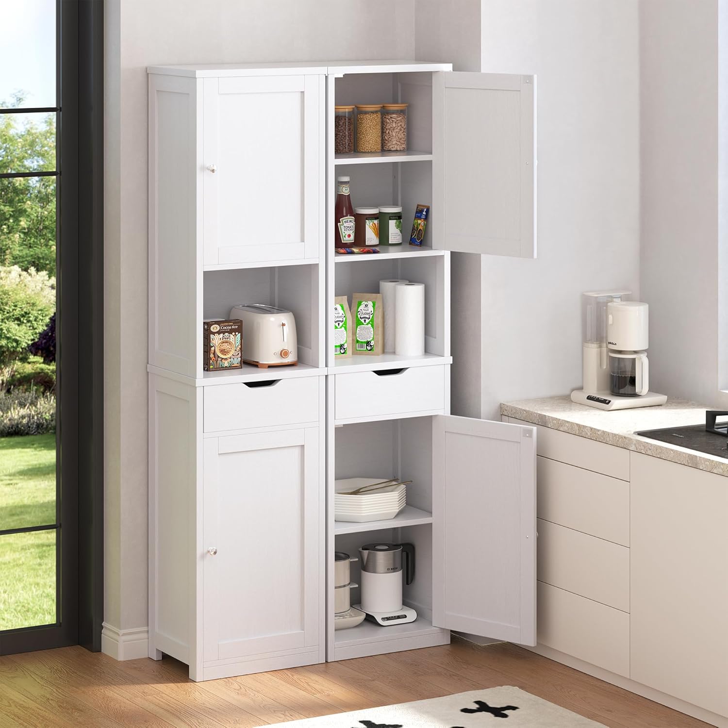 Tall Bathroom Storage Cabinet, 64”H Freestanding Storage Pantry Cabinet, Narrow Cabinet with Adjustable Shelves