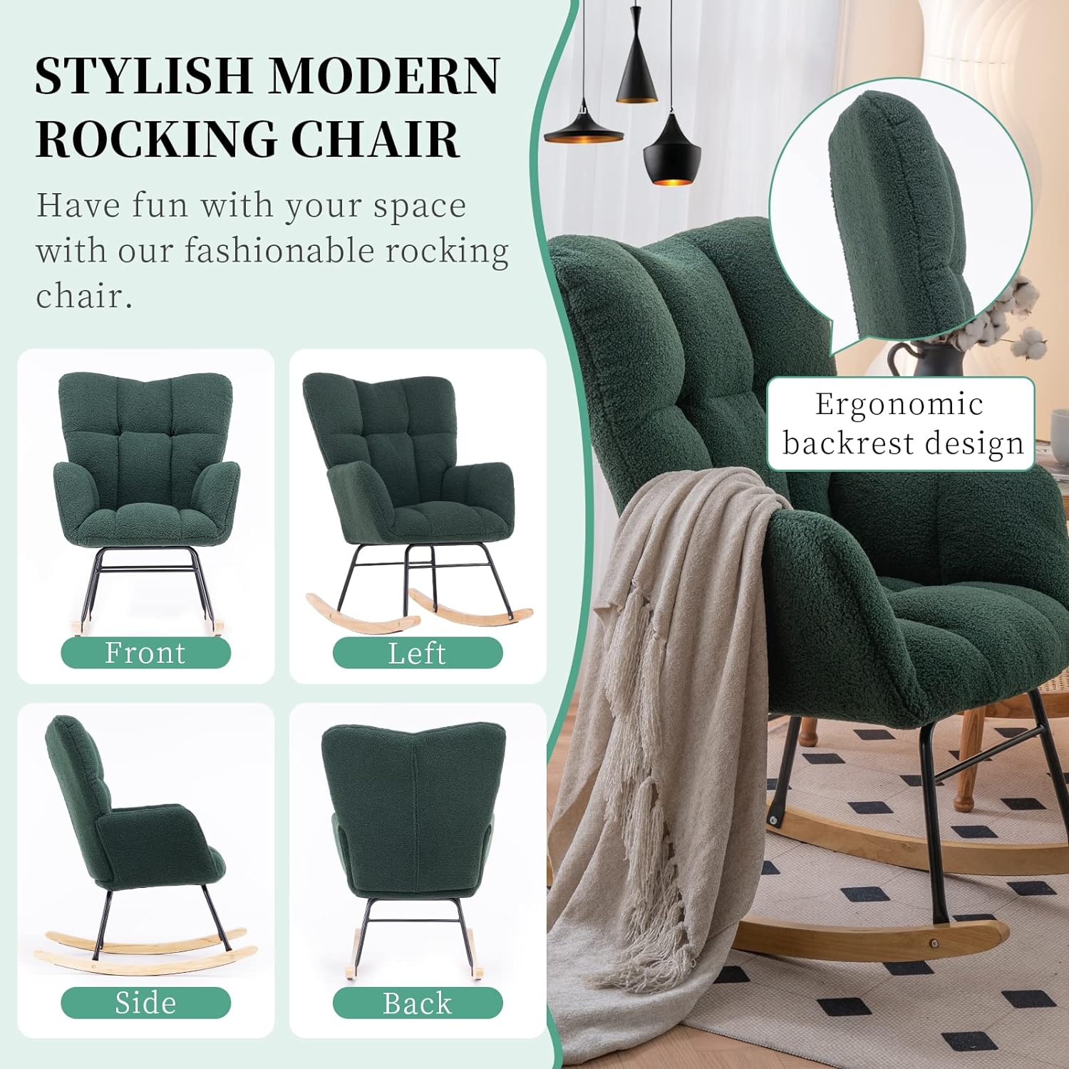 Nursery Rocking Chair Teddy Upholstered Glider Rocker Rocking Accent Chair Padded Seat with High Backrest Armchair Comfy Side Chair for Living Room Bedroom Offices (Green)
