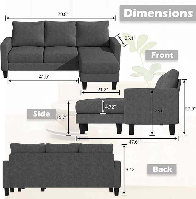 Convertible Sectional 3 L-Shaped Couch Soft Seat with Modern Linen Fabric, Space-Saving Sofas for Living Room, Apartment and Office, 70'', Dark Gray