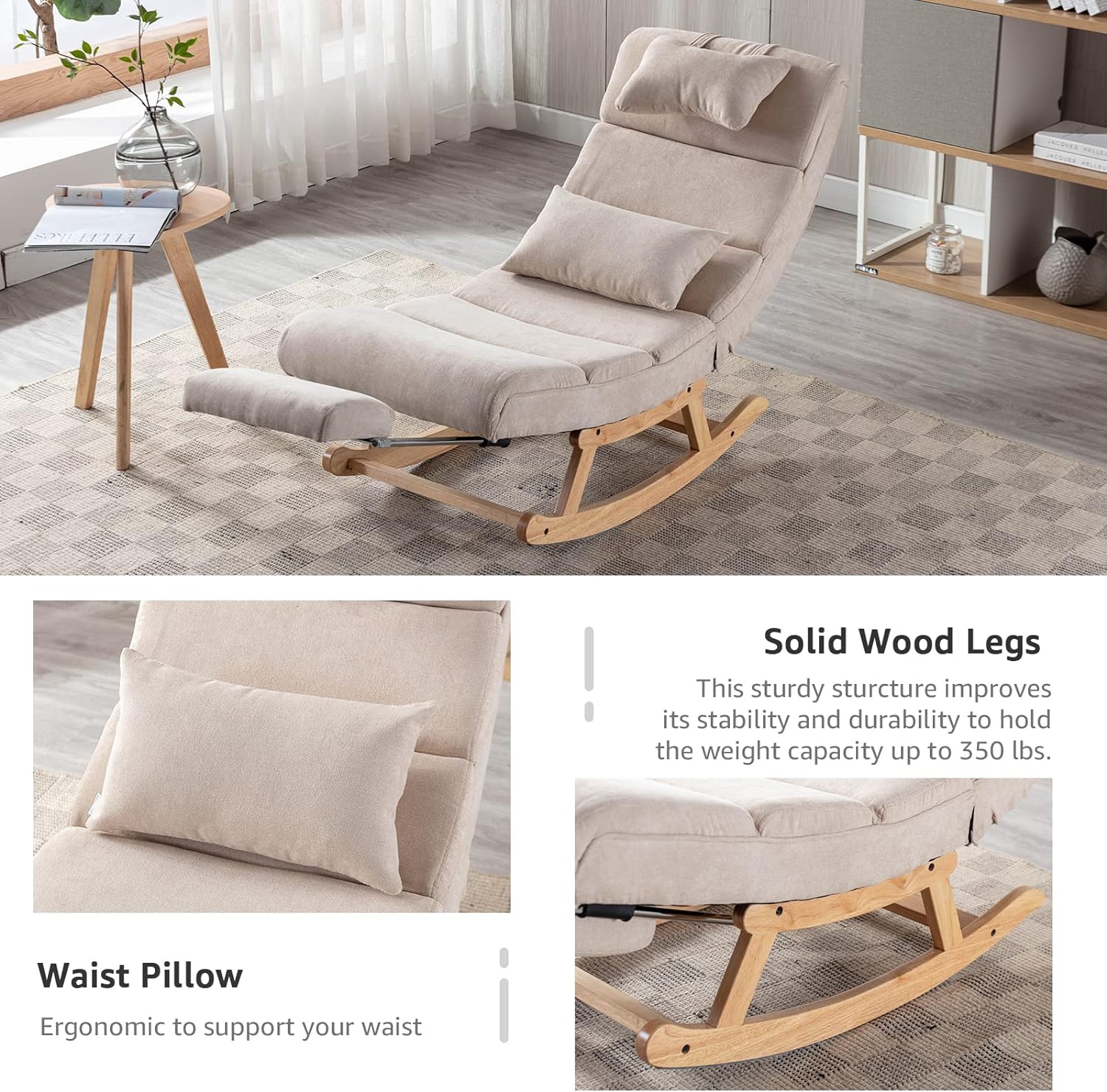 Modern Rocking Lounge Chair, Upholstered Glider Chair for Nursery, Accent Rocker Chair with Large Back & Pull Out Pedal, Lie or Sleep Lazy Chair for Living Room, Bedroom (Beige)