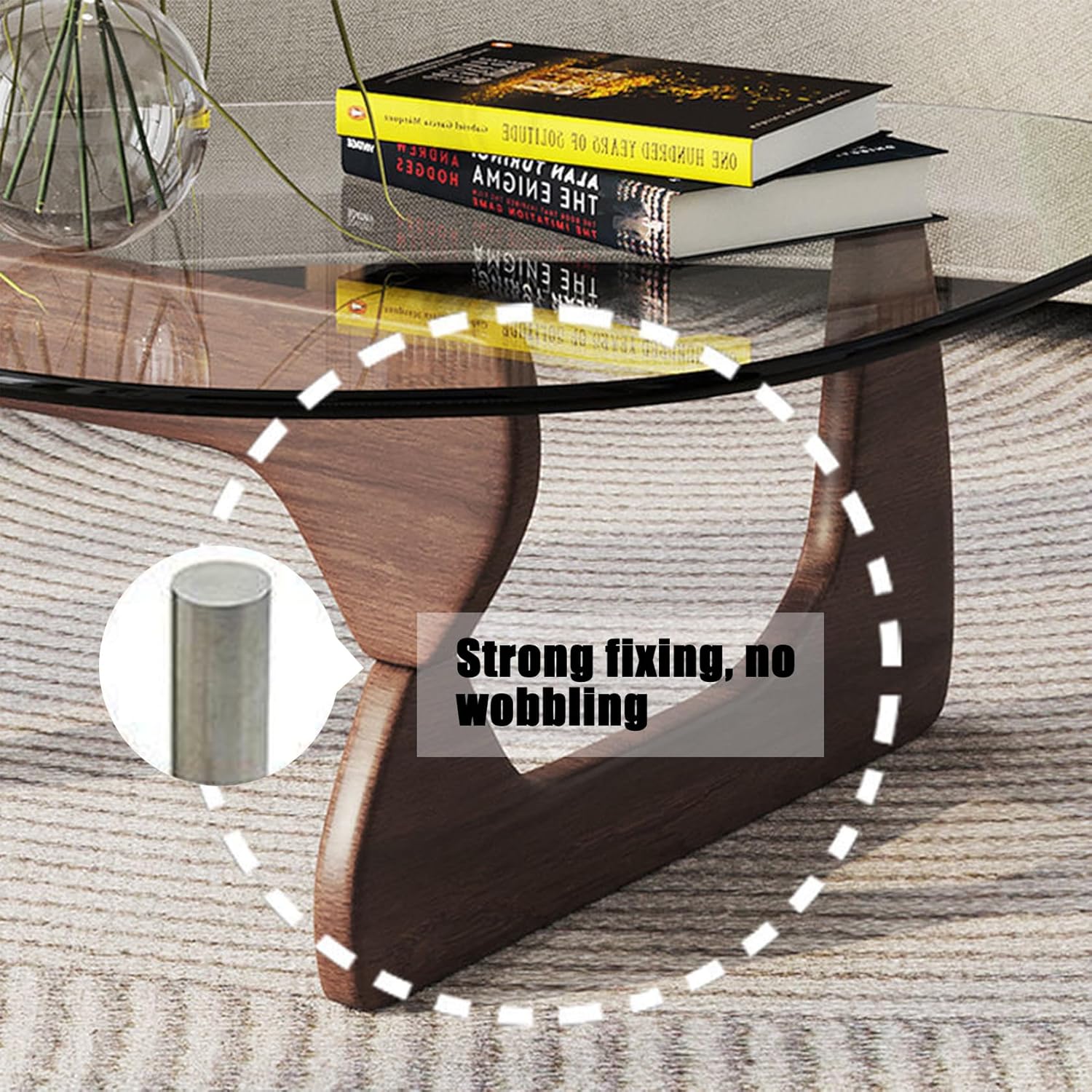Triangle Coffee Table in Walnut Mid Century Modern Solid Wood Base and Triangle Clear Glass Coffee Table