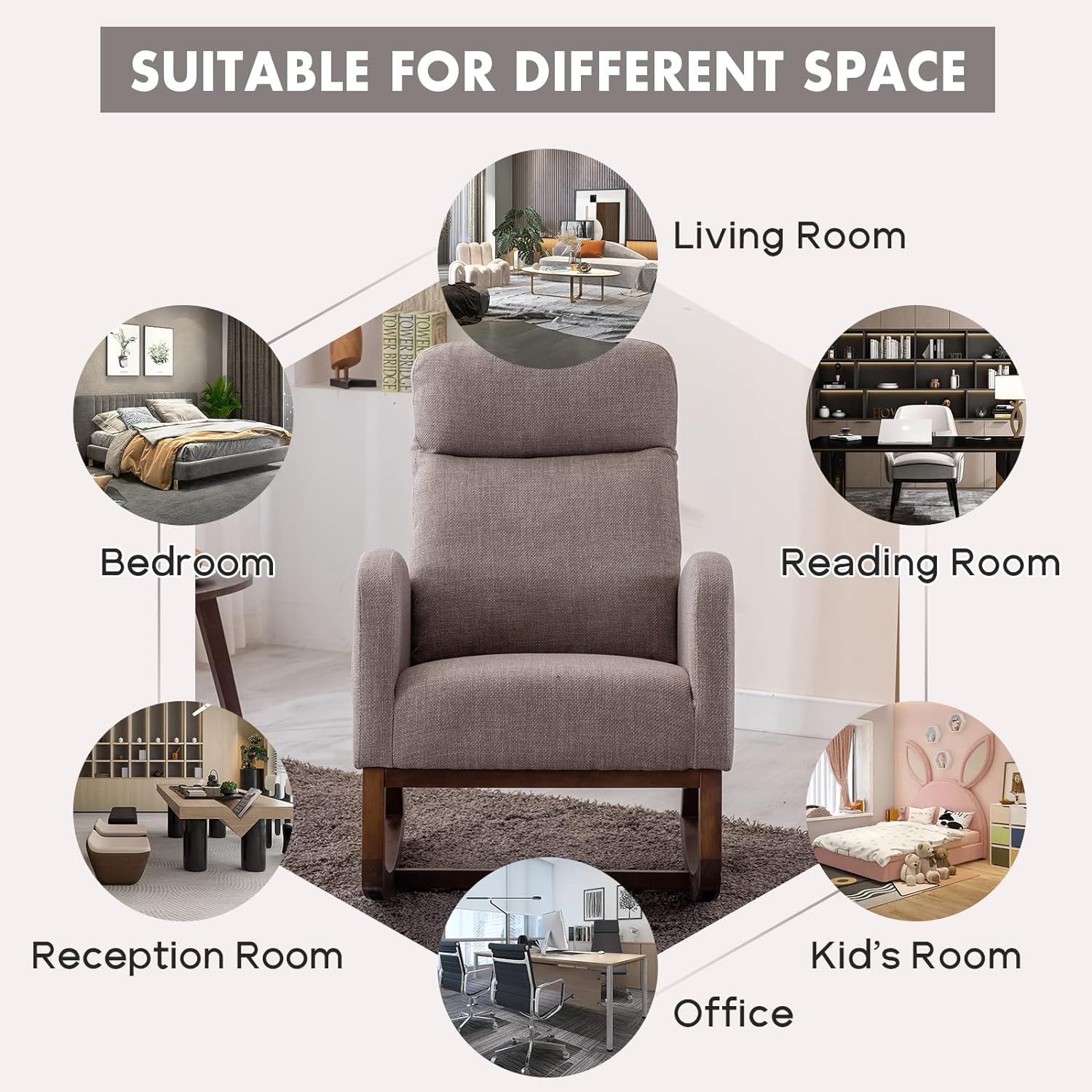 Nursery Rocking Chair, Upholstered Glider Chair for Nursery, Accent Rocker Chair with Tall Back & Side Pockets, Modern Leisure Single Arm Chair for Living Room, Bedroom (Grey)