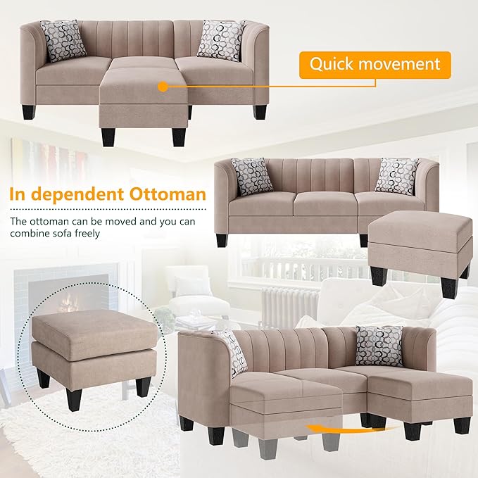 Upgraded Convertible Sectional Sofa Couch, 3 Seat L Shaped Sofa with High Armrest Linen Fabric Small Couch Mid Century for Living Room, Apartment and Office (Beige)