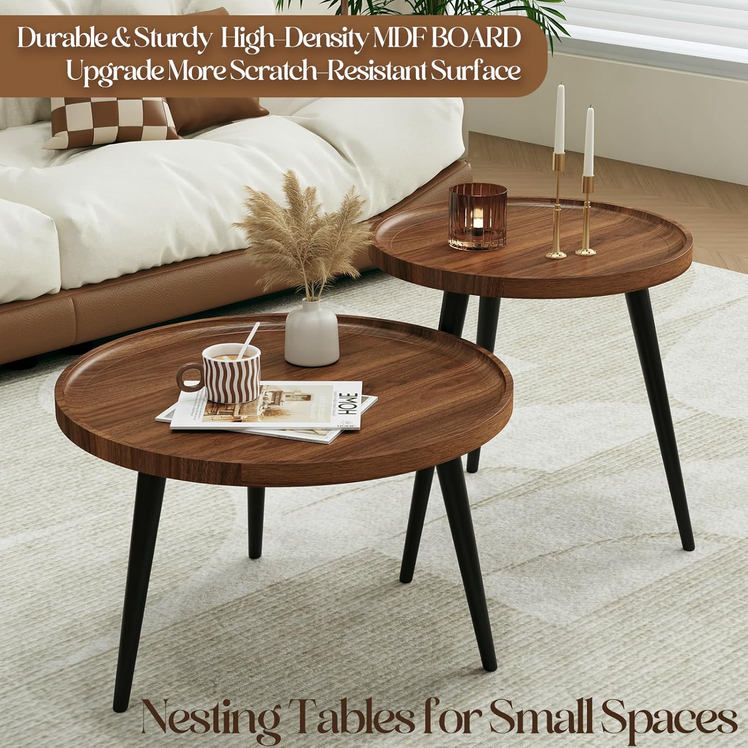 2 Pcs Mid Century Modern Round Coffee Tables for Living Room,Easy Assembly Nesting Coffee Tables