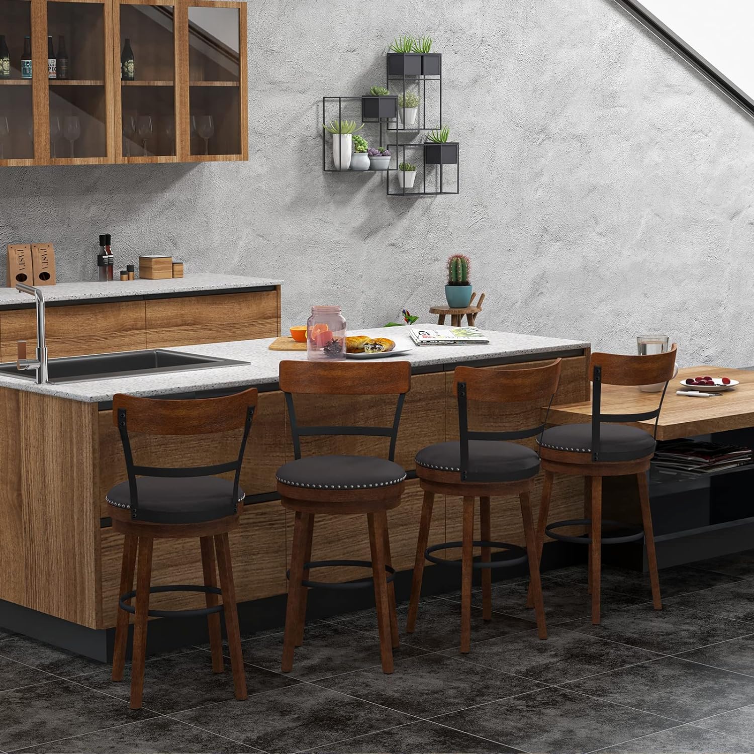 Bar Stools Set of 2-25.5" Counter Height Swivel Rubber Wood Barstools with Soft Padded Seat Cushions, Footrests, Easy Assembly Armless Farmhouse Kitchen Island Bar Chairs with Back, Brown