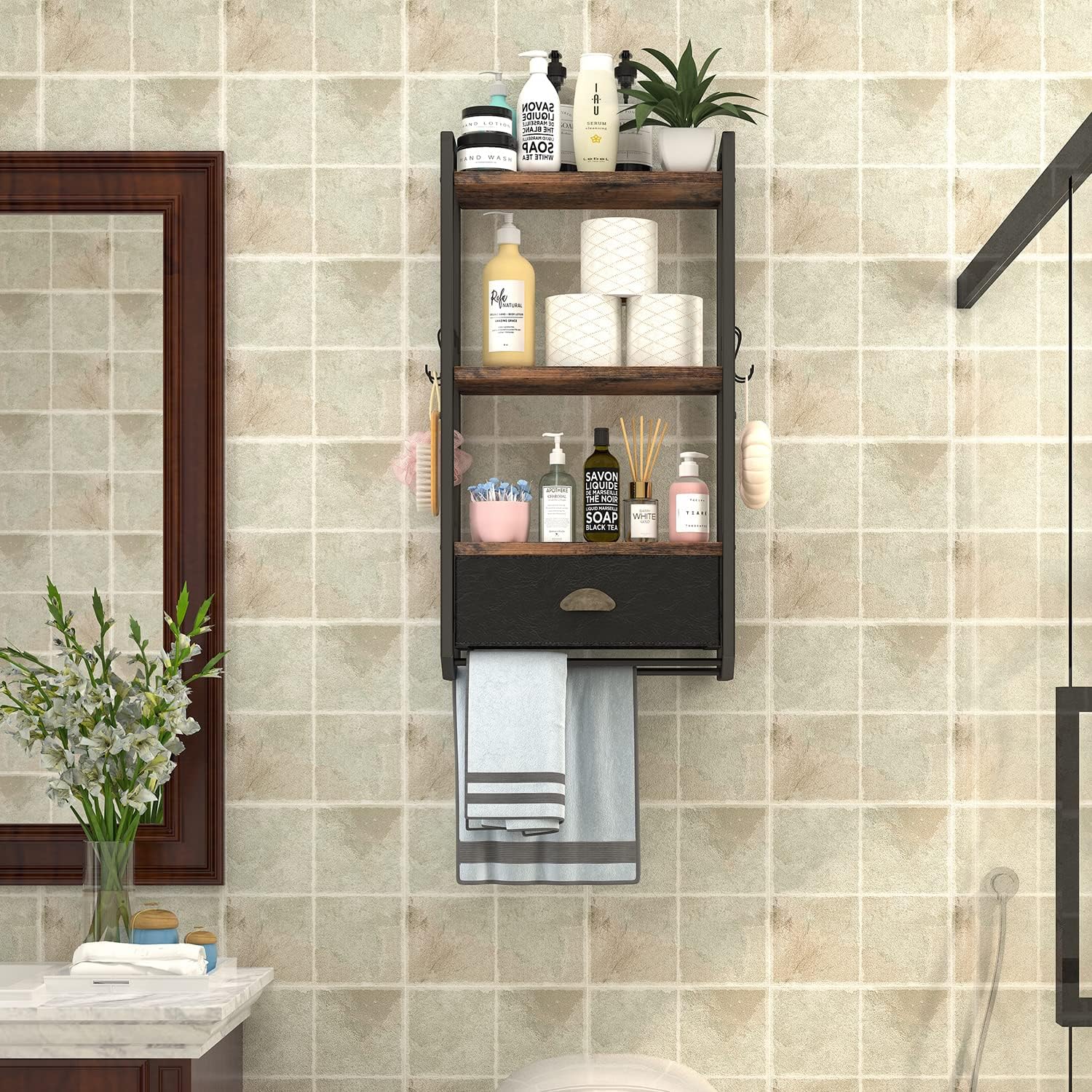 Bathroom Storage Organizer Wall Mounted, 3 Tier Bathroom Towel Rack Shelf with Storage Drawer Double Towel Bars and Hooks