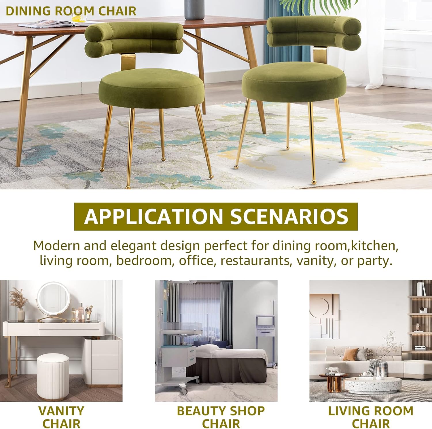 Velvet Dining Chairs Set of 2 Modern Upholstered Side Chairs with Gold Legs, Comfy Curved Back Accent Chairs, Stylish Vanity Chairs for Dining Room, Living Room, Bedroom (2, Olive)