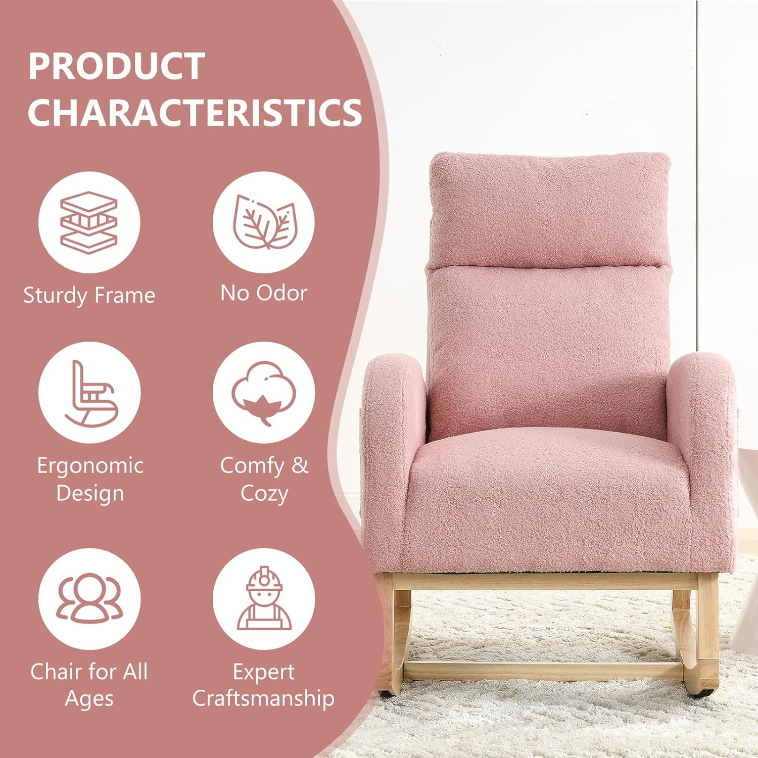 Modern Nursery Rocking Chair, Teddy Upholstered Glider Chair with High Back and Side Pocket, Comfy Accent Armchair with Wood Legs, Recliner Chair for Living Room (Pink)