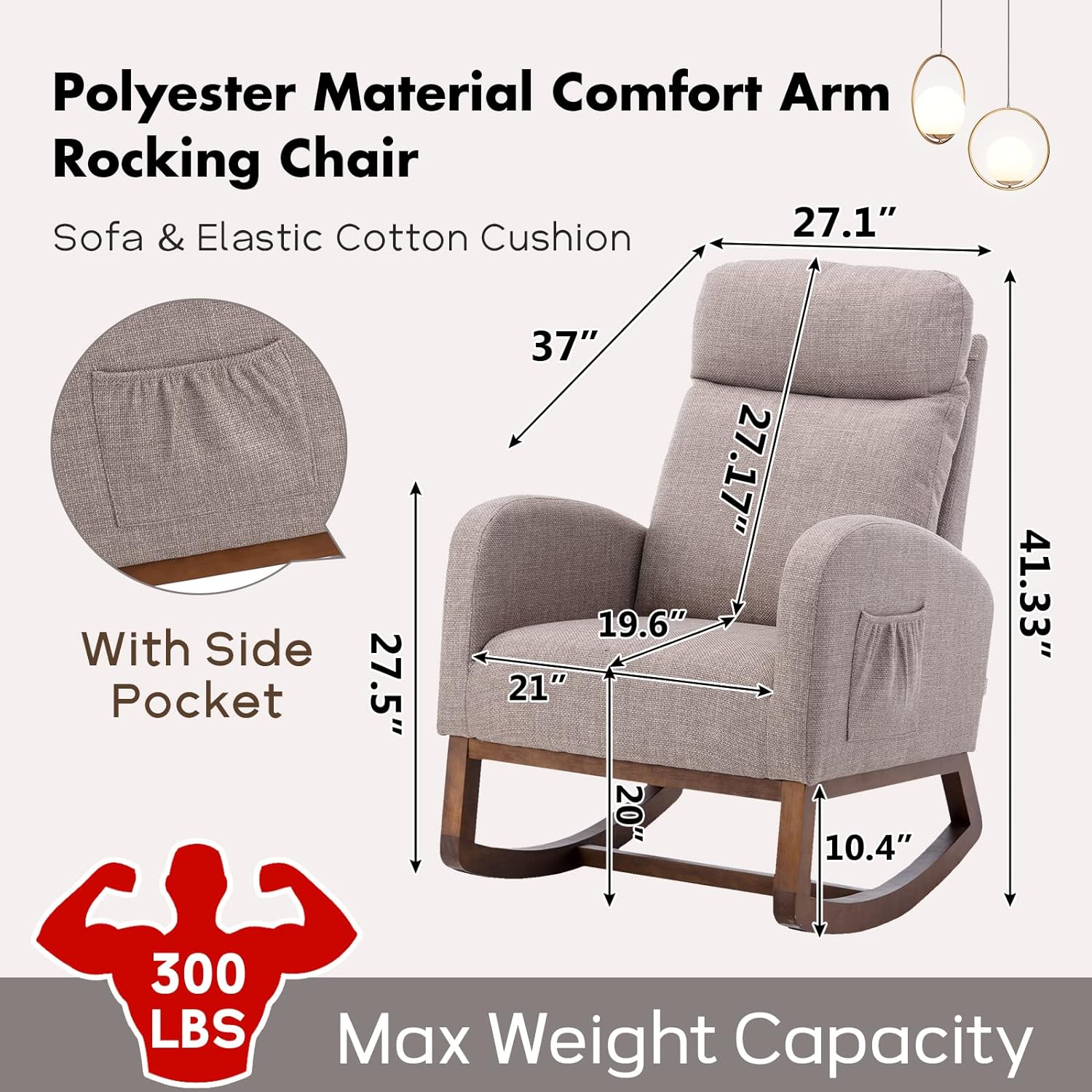 Nursery Rocking Chair, Upholstered Glider Chair for Nursery, Accent Rocker Chair with Tall Back & Side Pockets, Modern Leisure Single Arm Chair for Living Room, Bedroom (Grey)