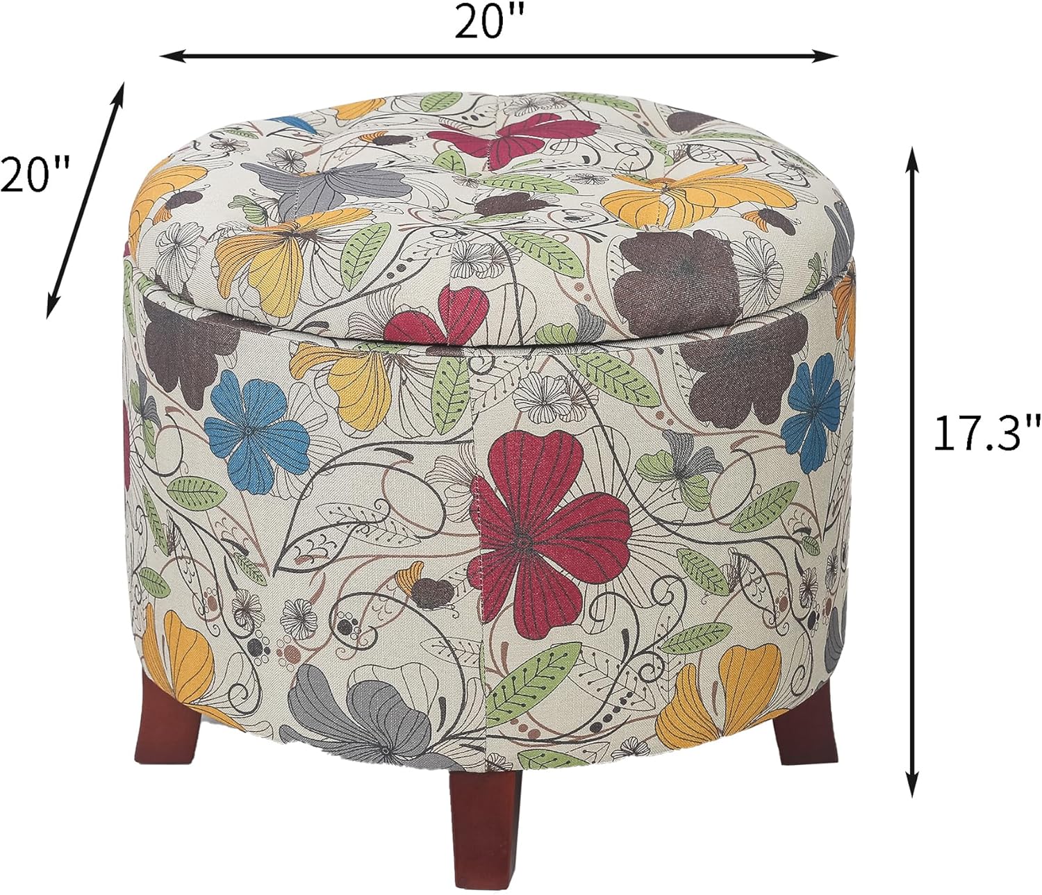 17" Height Round Storage Ottoman, Modern Linen Fabric Cushion Footstool