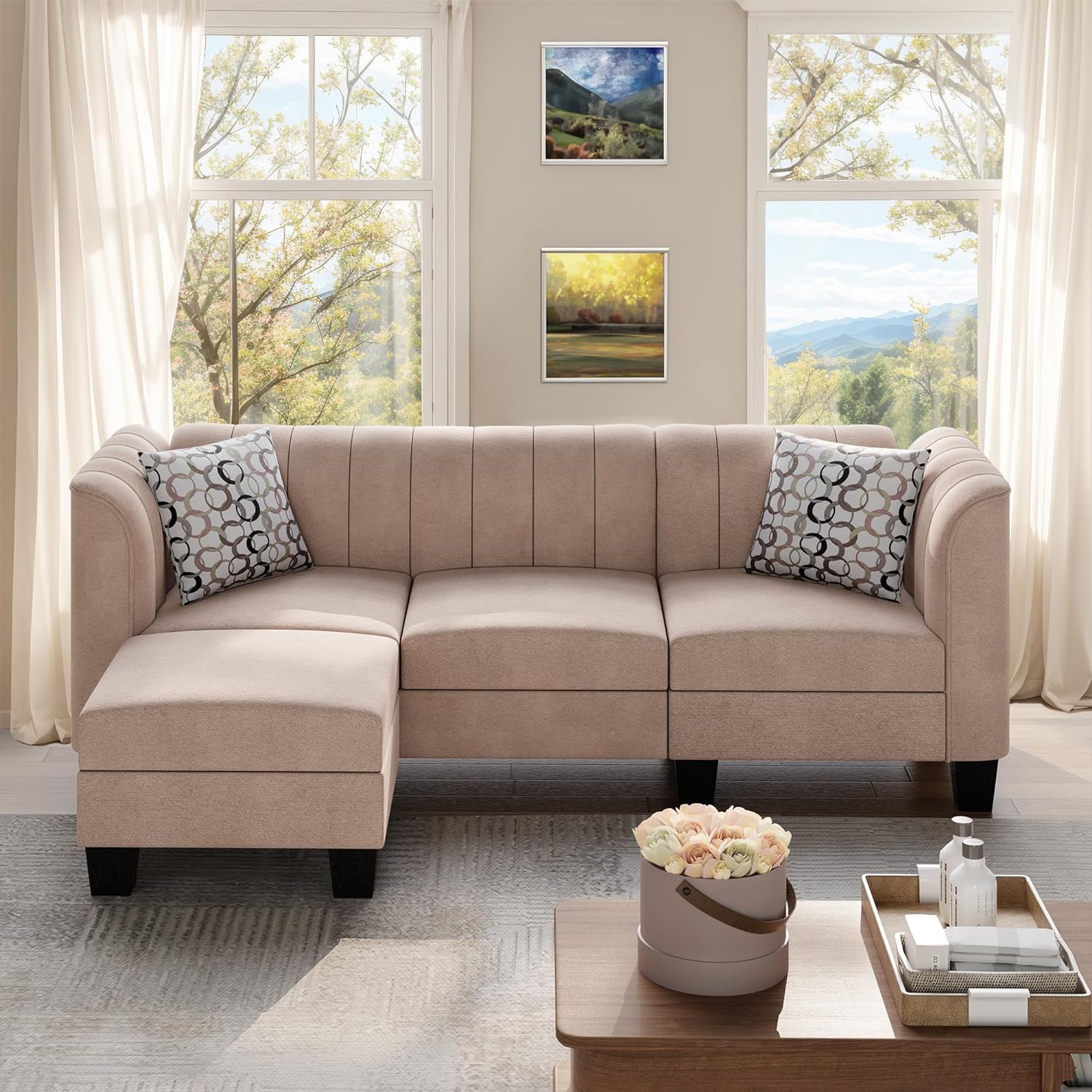 Upgraded Convertible Sectional Sofa Couch, 3 Seat L Shaped Sofa with High Armrest Linen Fabric Small Couch Mid Century for Living Room, Apartment and Office (Beige)