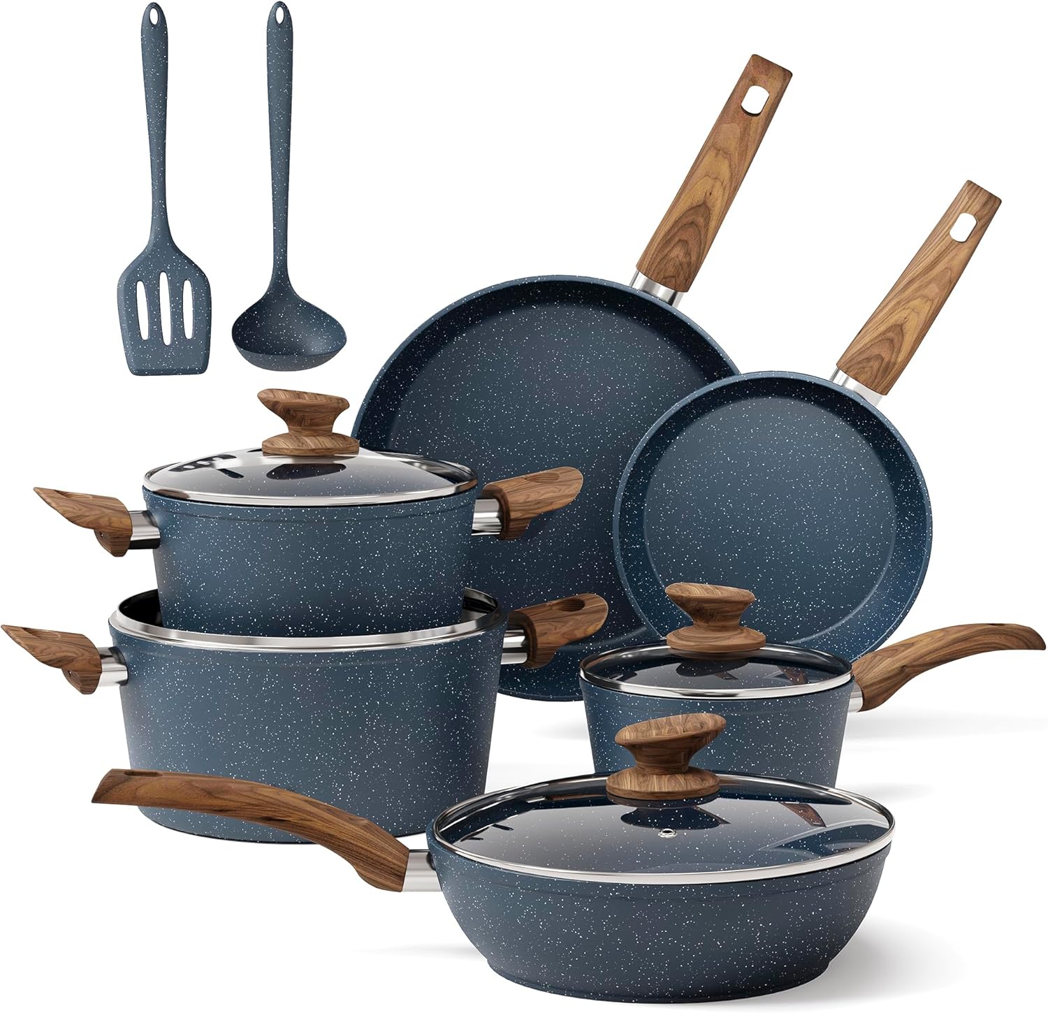 Kitchen Cookware Sets Nonstick, 12 Piece Pots and Pans Set Granite Cooking Set for Induction & Dishwasher Safe, Oven, Stovetop, Blue