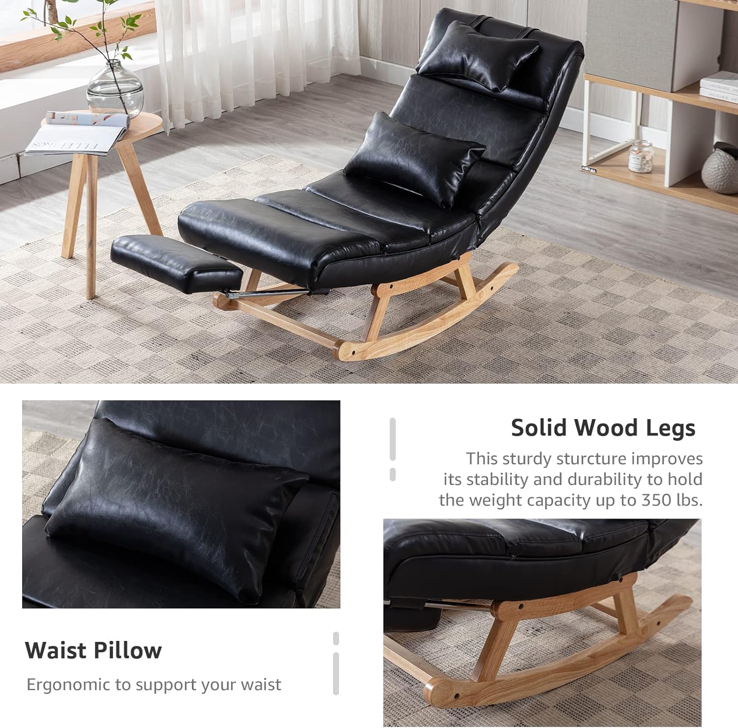 Modern Rocking Lounge Chair, Upholstered Glider Chair for Nursery, Accent Rocker Chair with Large Back & Pull Out Pedal, Lie or Sleep Lazy Chair for Living Room, Bedroom (Black PU)