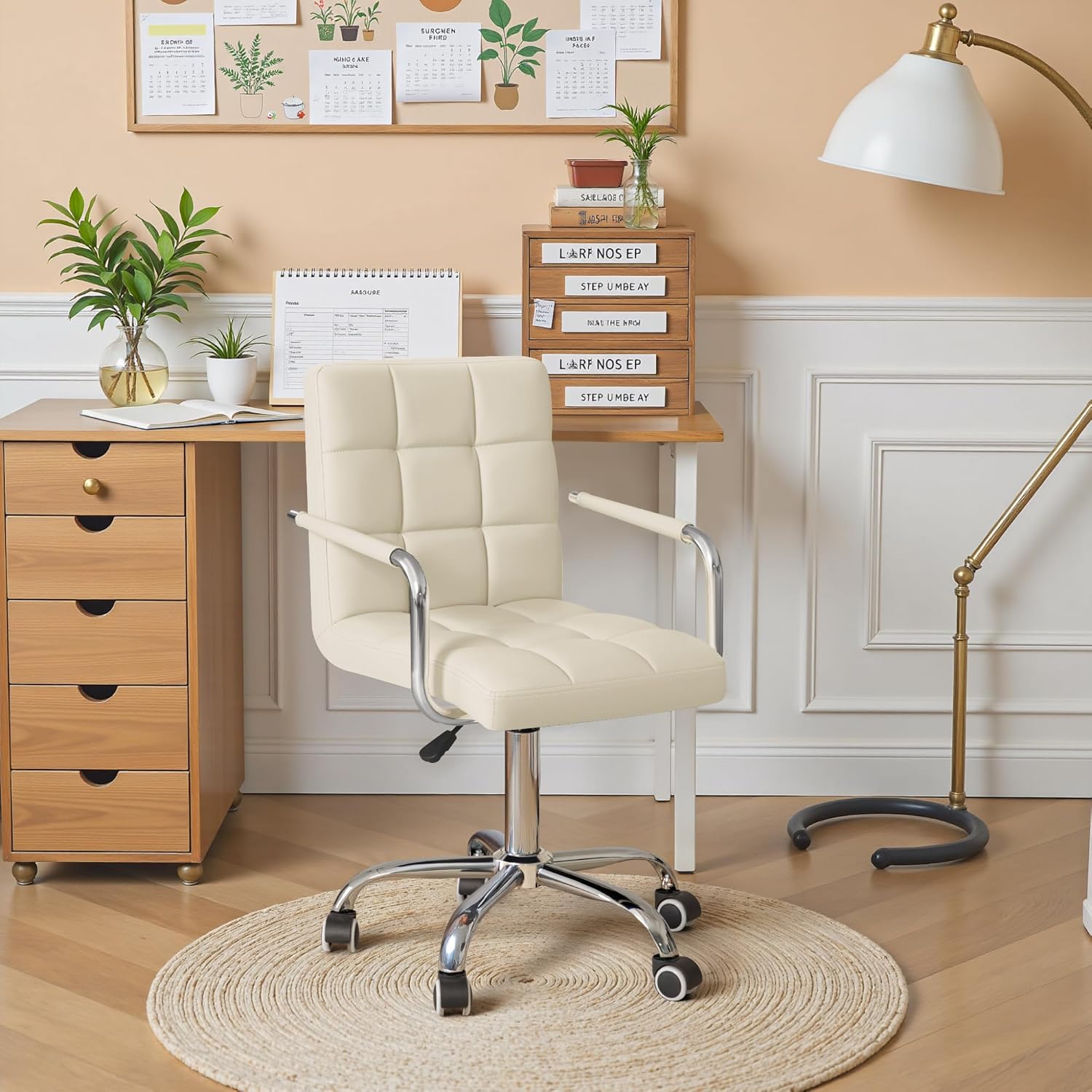 Mid-Back Office Task Chair Ribbed PU Leather Executive Chair Modern Adjustable Home Desk Retro Comfortable Work Chair 360 Degree Swivel with Arms