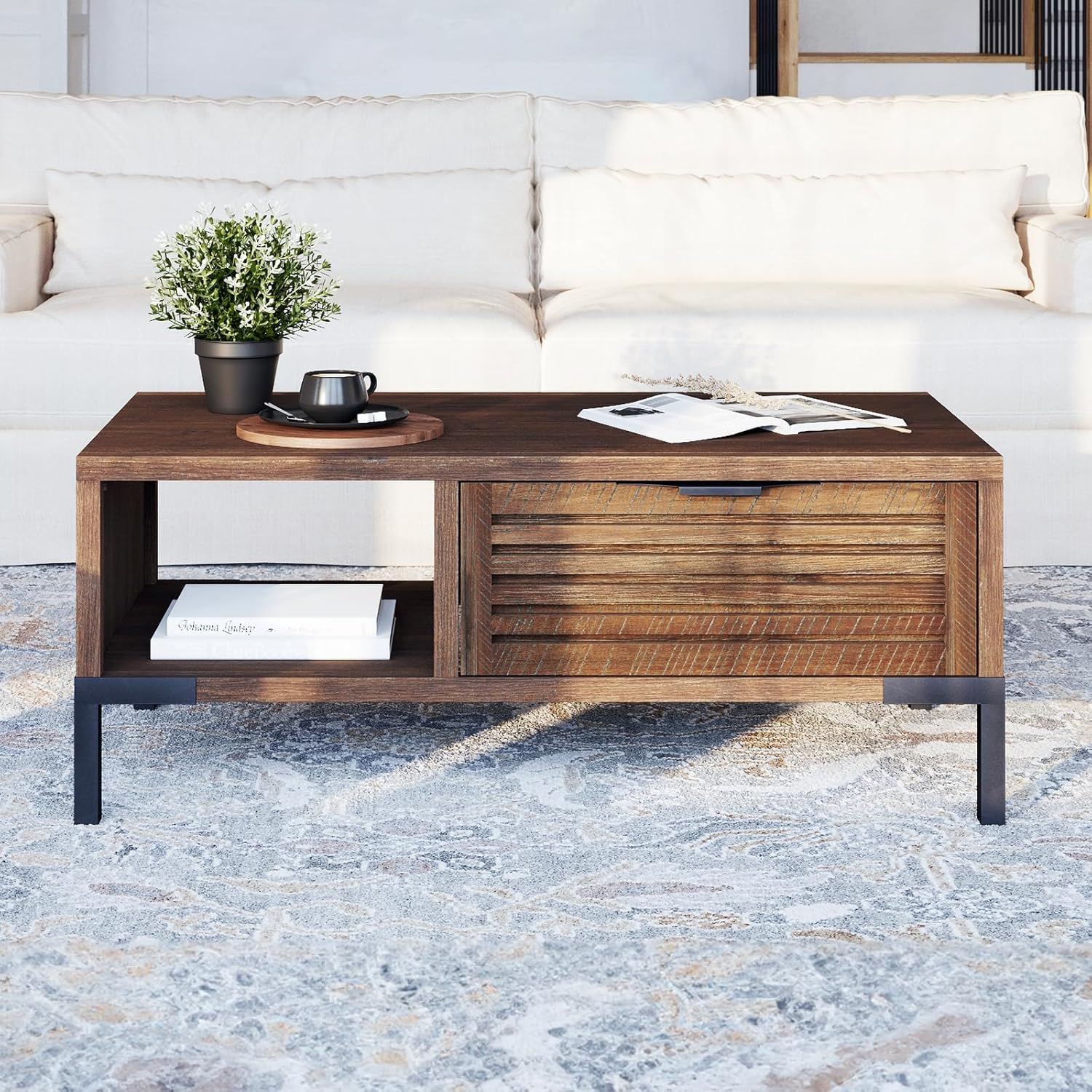Solid Wood Coffee Tables, Industrial Modern Living Room Center Desk with 2 Storage Drawers