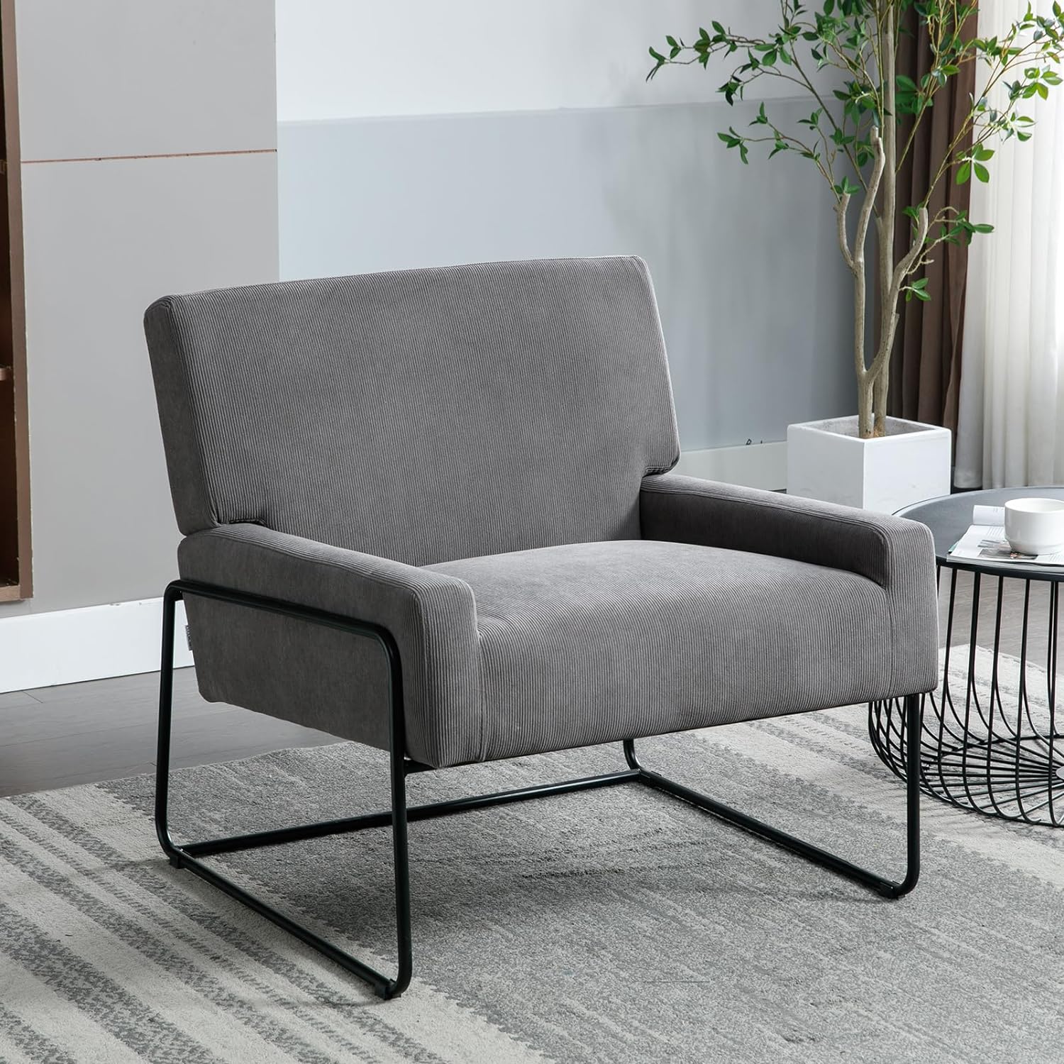 Velvet Accent Chair Upholstered, Modern Industrial Slant Armchair with Metal Frame, Premium High Density Soft Cushion Comfort Single Chair for Living Room, Office, Study (Grey)