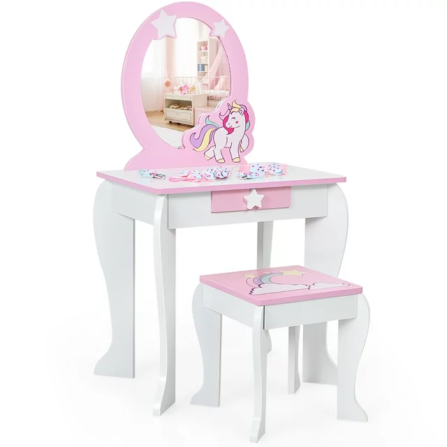 Kids Vanity Makeup Dressing Table Chair Set