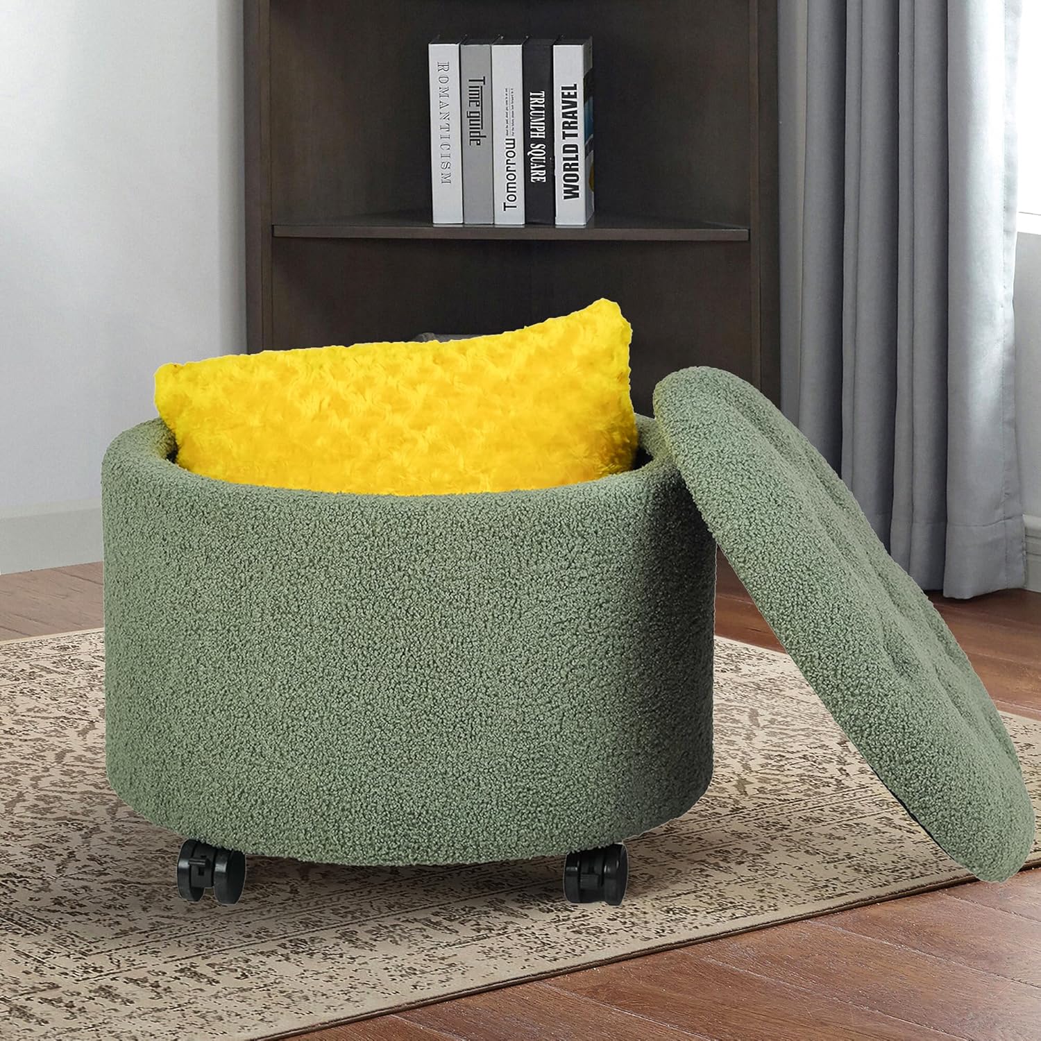 Teddy Fleece Cushion Round Button Tufted Storage Footstool, Height 16 Inches Storage Ottoman