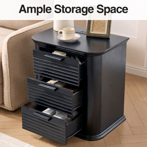 JPJPUU 22" Wide Fluted Nightstand with Charging Station, Modern End Table for Living Room, Bedroom, Home Office, Wood 3 Drawer Dresser, Large Bedside Tables, Curved Profile Design