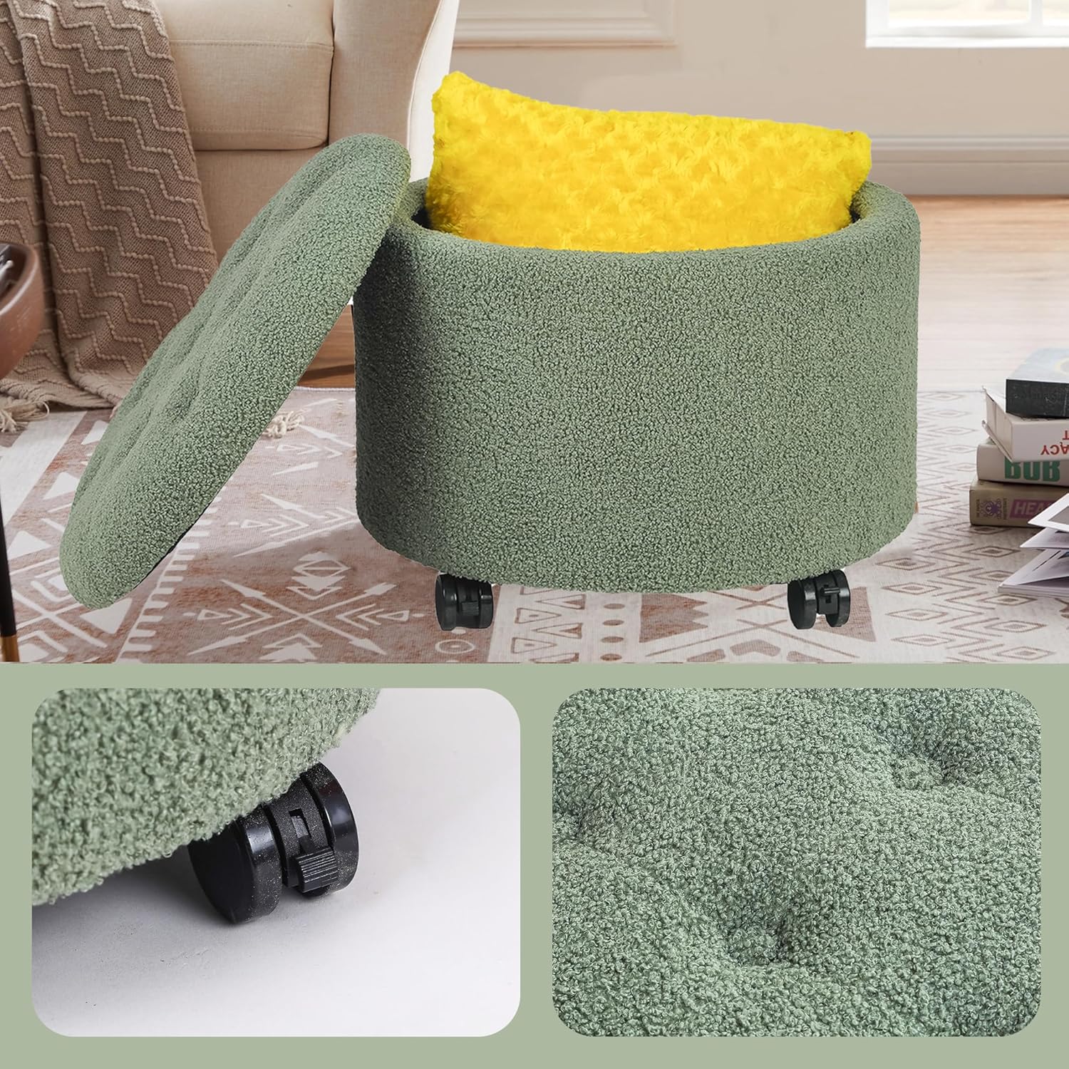 Teddy Fleece Cushion Round Button Tufted Storage Footstool, Height 16 Inches Storage Ottoman