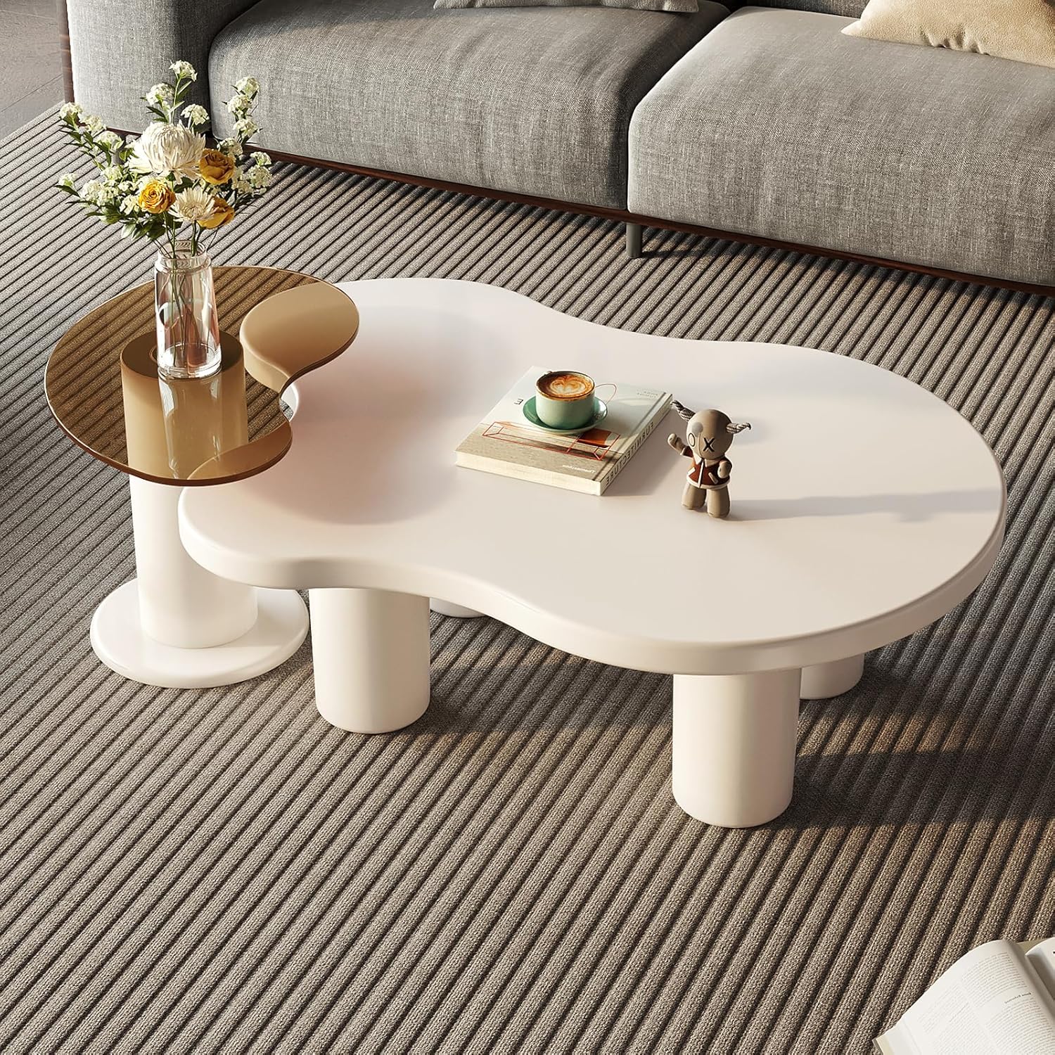40.94" Modern Nesting Coffee Tables Set of 2, 2 in 1 Irregular Coffee Table, with Glass Top End Table for Living Room