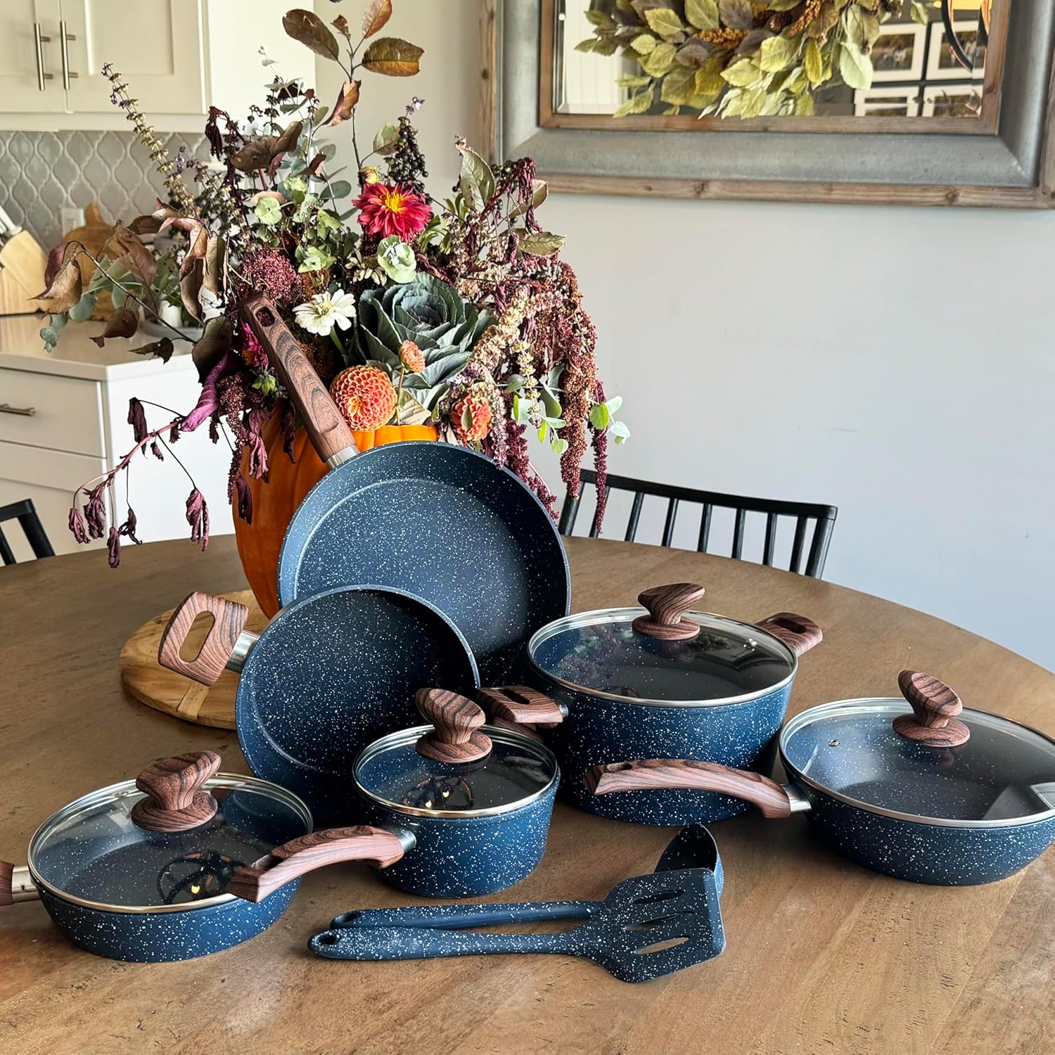 Kitchen Cookware Sets Nonstick, 12 Piece Pots and Pans Set Granite Cooking Set for Induction & Dishwasher Safe, Oven, Stovetop, Blue