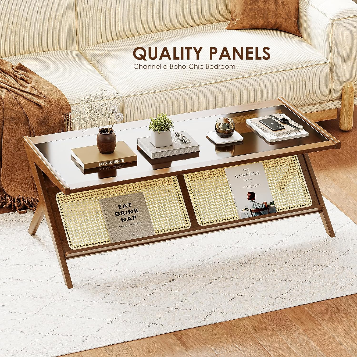 Mid-Century Modern Coffee Table with Glass Top Rattan Center Table