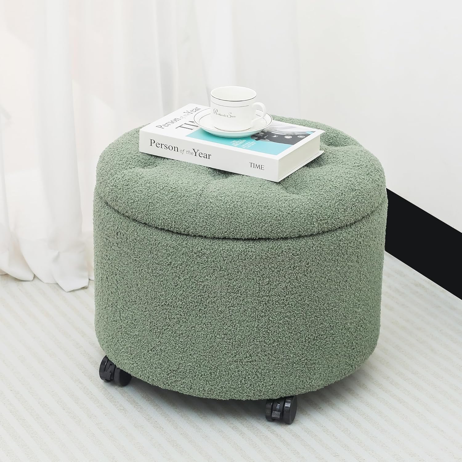 Teddy Fleece Cushion Round Button Tufted Storage Footstool, Height 16 Inches Storage Ottoman