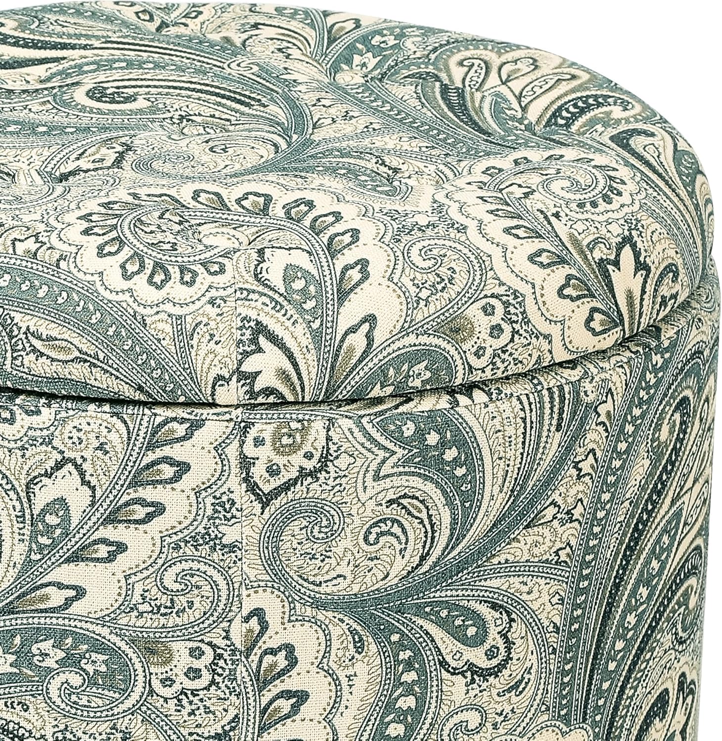 20’’ Tufted Round Ottoman with Storage - Storage Ottoman with Lid- Blue and Green Boho Paisley Fabric Upholstered Footstool
